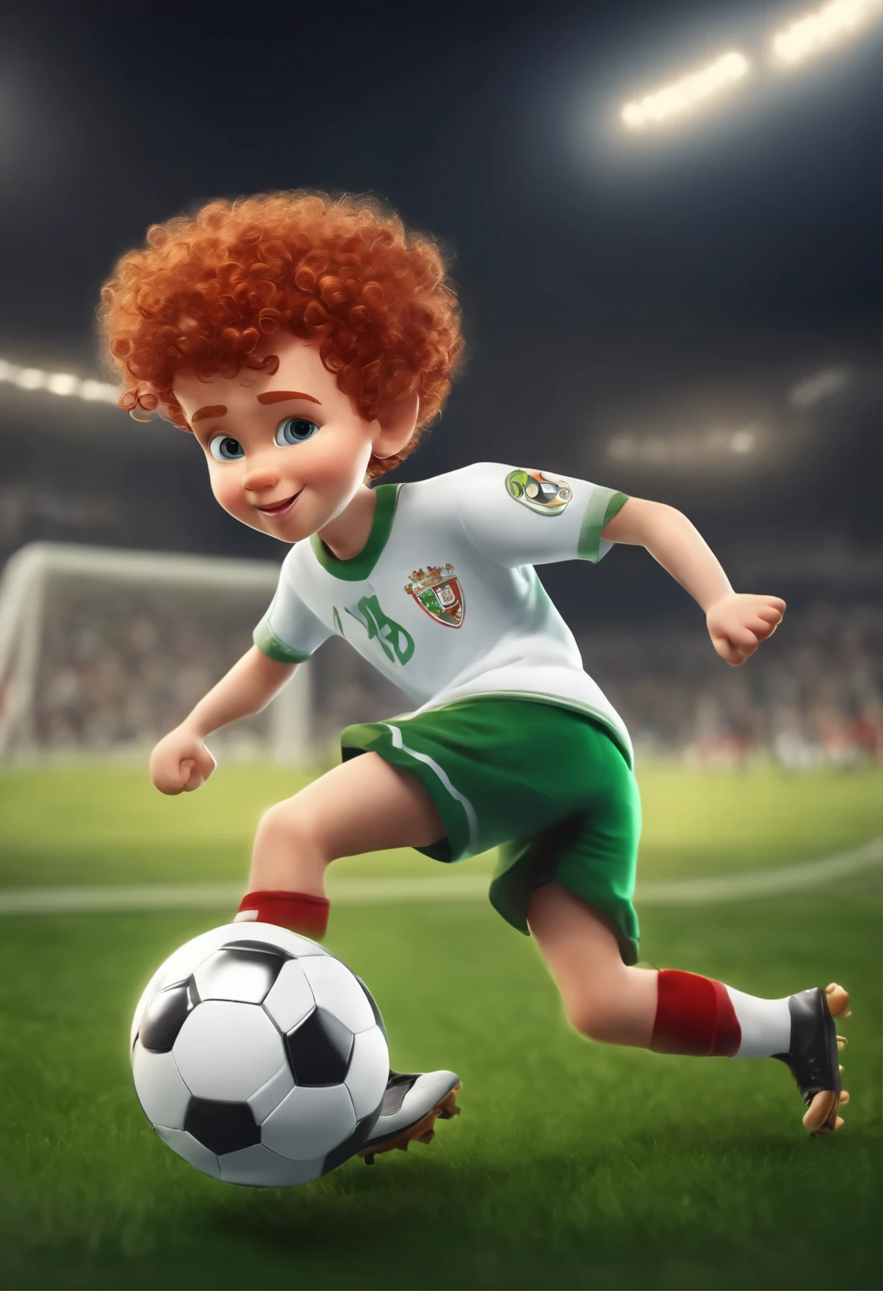 A litlle boy, happy, [red-haired] boy with [curly hair] playing soccer. He is a soccer player wearing a white and green uniform. The style of the artwork is cartoon-like with intricate details. (best quality, 4k, highres:1.2), ultra-detailed, vibrant colors, sharp focus, studio lighting, bokeh, [painterly style]