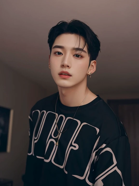 trimmed man with black shirt and earring standing in a room, cai xukun, Jungkook, inspirado em Bian Shoumin, inspirado em jeonseok lee, hyung tae, Jinyoung Shin, Hong junho hyung, young pale angel, Shin Jeongho, Yanjun Chengt, retrato suave fotografado 8k, adorable and pale korean face, taejune kim