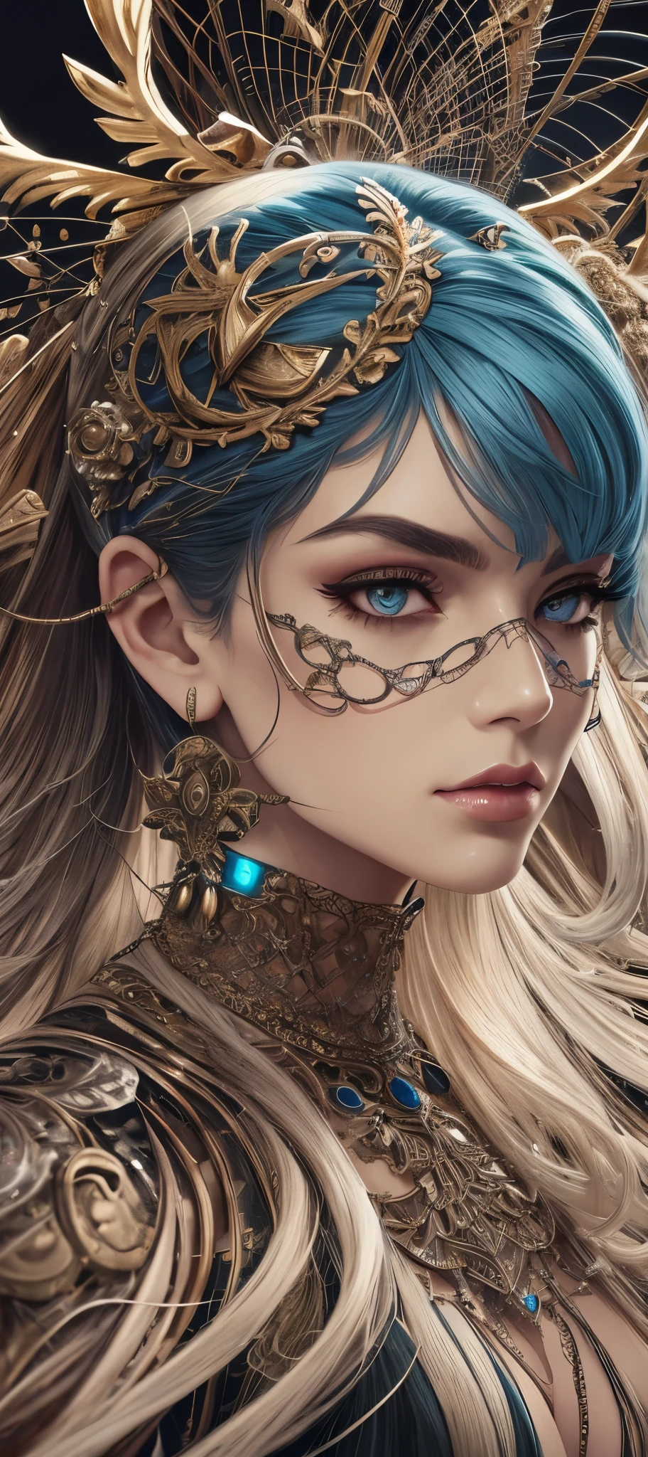 complex 3d render ultra detailed beautiful death angel, biomechanical cyborg, analog 150 mm lens, beautiful natural soft rim light, neon vein, roots, fine foliage lace, colorful details, Boris Bidjan Saberi outfit, pearl earrings, piercing, art nouveau fashion embroidered, intricate details, mesh wire, mandelbrot fractal, facial muscles, cable wires, microchip, badass, hyper realistic, ultra detailed, octane render, volumetric lighting, 8k post-production, red and white with a bit of black, detailled metalic bones, semi human, iridescent colors, Glenn Brown style, futuristic room, power of the god, high-angle shot, complex body poses