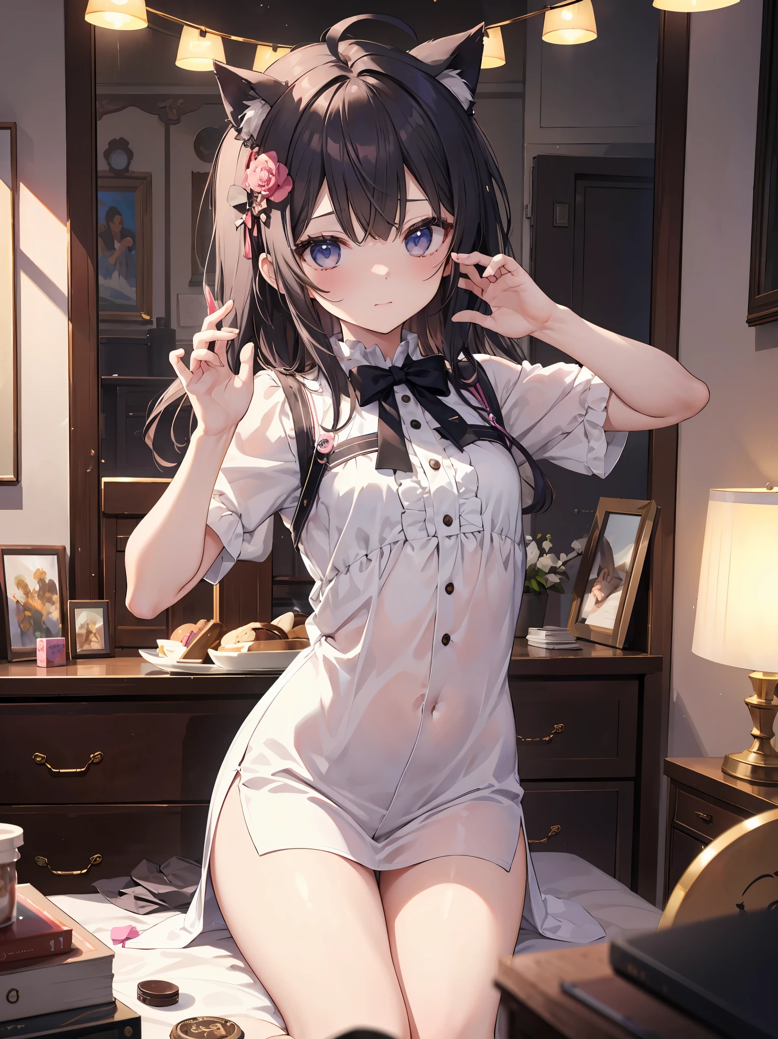 最高品質, 傑作, 1ガール, ソロ, 非常に長い髪, デタッチスリーブ, 赤い目, 赤い髪, 赤いリボン, 赤いスカート, 赤いドレス, 赤いネクタイ, ウサギの耳, 赤面, 鈍い前髪, 分けられた唇, ahoge, ビューアを見て, シンプルな背景, more_details:1.5
BREAK
pink kawaii room , pink gothic room, messy room, Marchen, macarons, Candy, heart item, ribbon,star item, small window, (Miscellaneous goods are placed in a mess:1.3),dresser, antimacassar ,
BREAK
(Pose that seduces a man: 1.3), (fascinating genius:1.5), (best lighting by famous artists: 1.2), 8K, ((acting instruction of captivating poses by famous masters: 1.6)), ((thighs spread to the left and right: 1.15)),
((deep depth of field:1.5)), Particle-like fantastic light source, Background blur, Head tilted, Observing from behind Looking at someone, Looking back, Flexible torso,