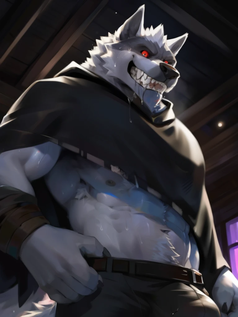 deathwolf, 1boy, solo, colored sclera, red eyes, black cloak, white fur, full body, anthro, (clenched teeth with drooling:1.3), low angle, up close to camera, eye contact, hands on hips, angry, smiling, scary, sheath bulge, genital sheath exposed, hairy balls, male, muscular, muscular anthro, (sweat:1.4), muscular male, aged up, hi res, (bottomwear:1.2), 8k hd, extreme detail, detailed background, empty bar, rustic, dark, night, no lights, lights off, cold lighting, moonlit, indoors, by Pino Daeni, (by ruaidri), by virtyalfobo