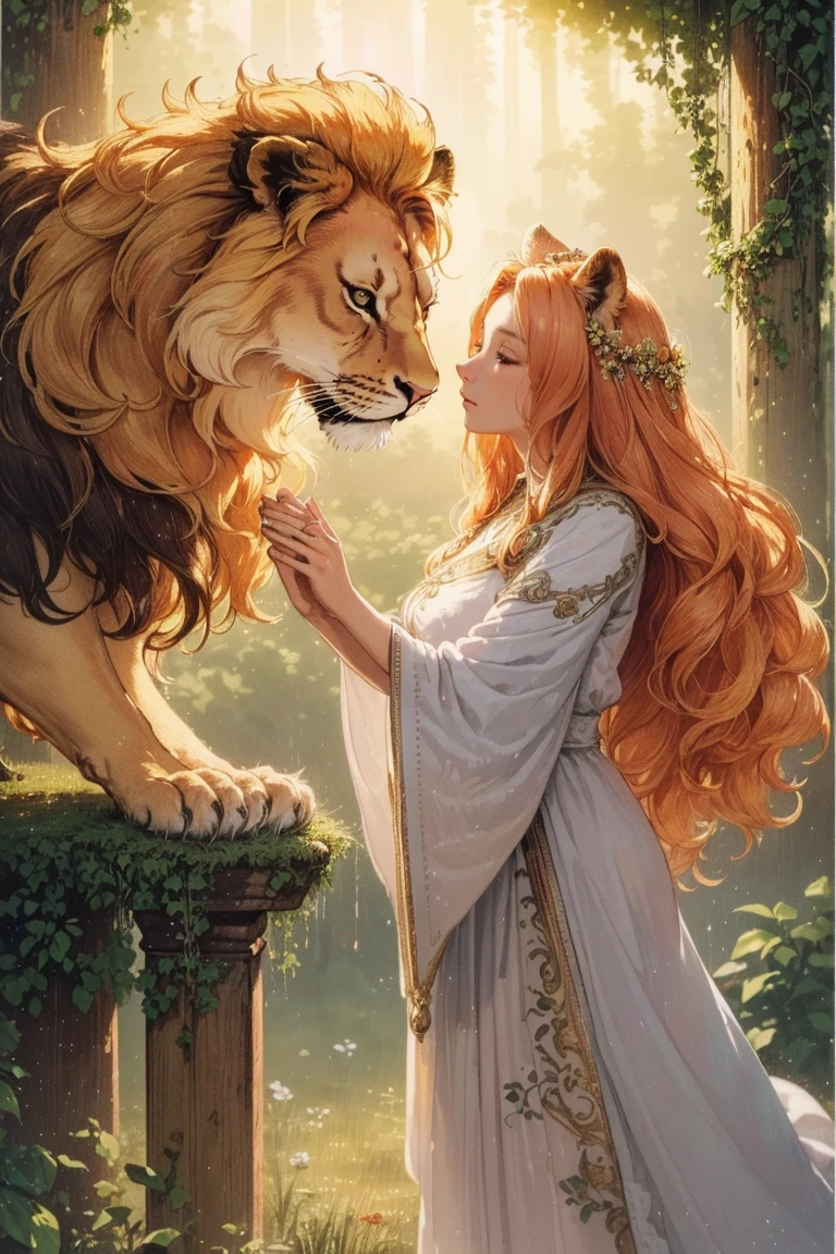 (best quality,4k,8k,highres,masterpiece:1.2),ultra-detailed,realistic,photorealistic:1.37,illustration,carta de tarô,strength,woman,dressed,stroking lion,outdoor,emotive,soft sunlight,vibrant colors,detailed facial expression,flowing robe,symbolic elements,enchanted scenery,mysterious aura,harmonious connection between woman and lion,surrealistic atmosphere,impressive background,spiritual connection,astonishing details,majestic mane,gentle touch,serene expression,immersive art style,ethereal lighting,divine connection