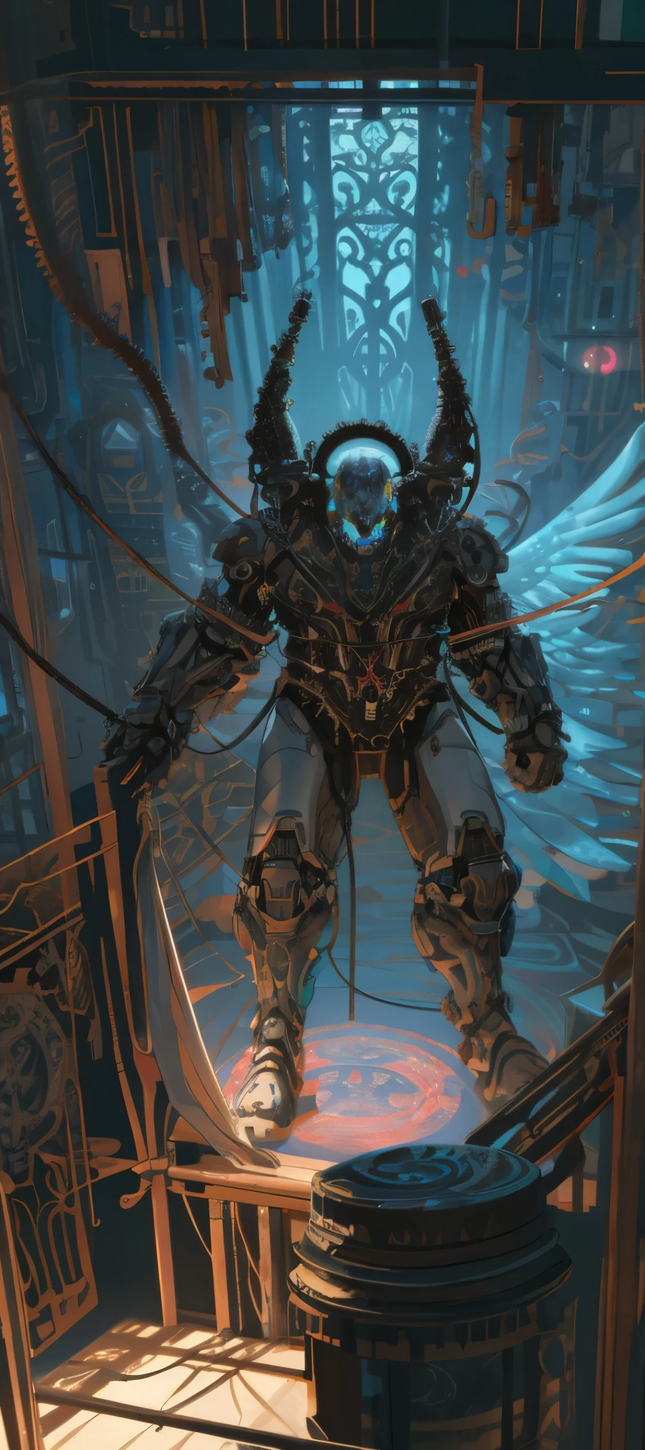 complex 3d render ultra detailed beautiful death angel, biomechanical cyborg, analog 150 mm lens, beautiful natural soft rim light, neon vein, roots, fine foliage lace, colorful details, Boris Bidjan Saberi outfit, pearl earrings, piercing, art nouveau fashion embroidered, intricate details, mesh wire, mandelbrot fractal, facial muscles, cable wires, microchip, badass, hyper realistic, ultra detailed, octane render, volumetric lighting, 8k post-production, red and white with a bit of black, detailled metalic bones, semi human, iridescent colors, Glenn Brown style, futuristic room, power of the god, high-angle shot, complex body poses