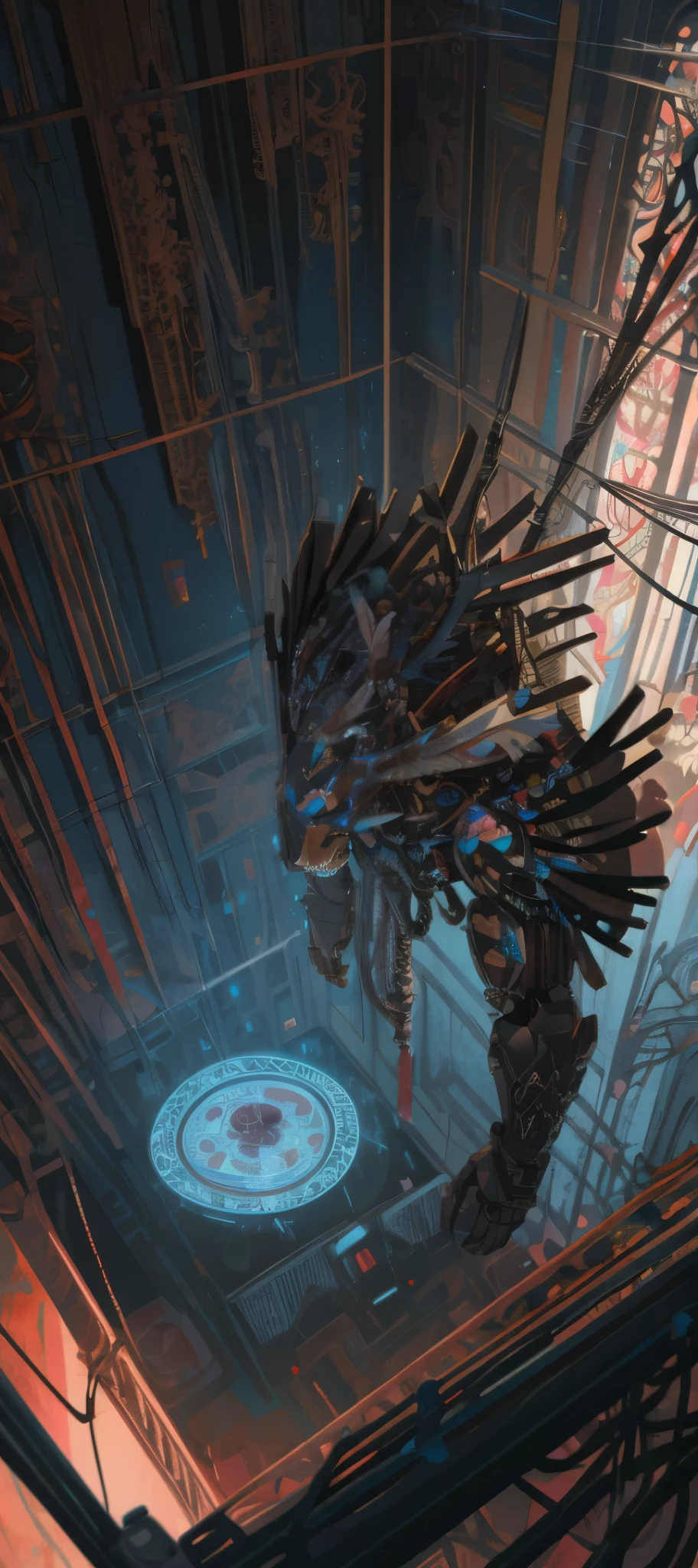complex 3d render ultra detailed beautiful death angel, biomechanical cyborg, analog 150 mm lens, beautiful natural soft rim light, neon vein, roots, fine foliage lace, colorful details, Boris Bidjan Saberi outfit, pearl earrings, piercing, art nouveau fashion embroidered, intricate details, mesh wire, mandelbrot fractal, facial muscles, cable wires, microchip, badass, hyper realistic, ultra detailed, octane render,  volumetric lighting, 8k post-production, red and white with a bit of black, detailled metalic bones, semi human, iridescent colors, Glenn Brown style, futuristic room, power of the god, high-angle shot, complex body poses