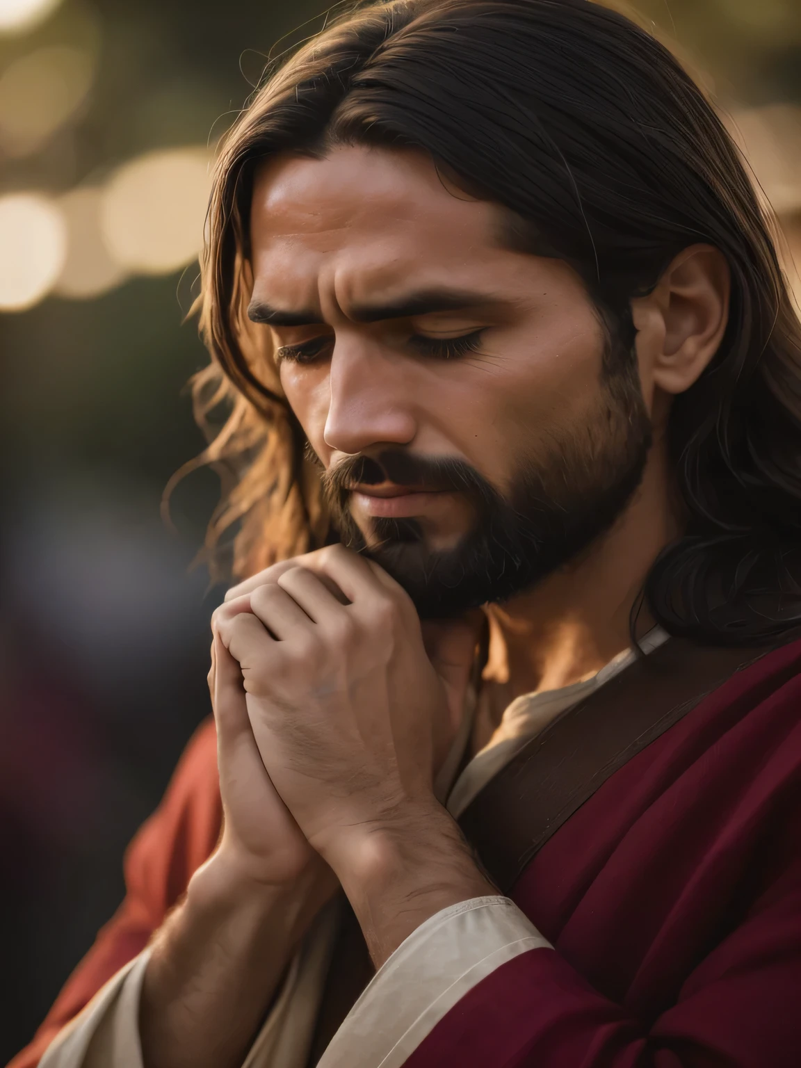 homem arafed com cabelos longos e barba orando, Retrato de Jesus Cristo, Jesus Cristo, Jesus, Vestido como Jesus Cristo, Jesus of Nazareth, rosto de Jesus, renderizado em 4K, homem Bonito, jesus wasted at a party, with his hands in his hair, obturador, holy man looking down at the ground, foto de retrato detalhada