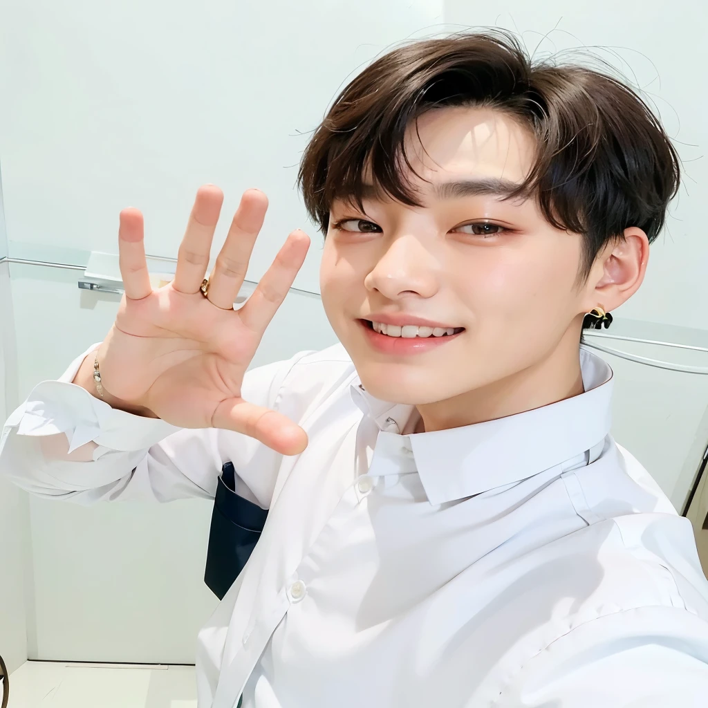 a close up of a person wearing a white shirt and tie, jungkook, cai xukun, hyung tae, ten lee, kim doyoung, jinyoung shin, sun yunjoo, glossy from rain, shin jeongho, with index finger, wan adorable korean face, sakimichan, taejune kim, kda, hong june hyung, key still, charming smile