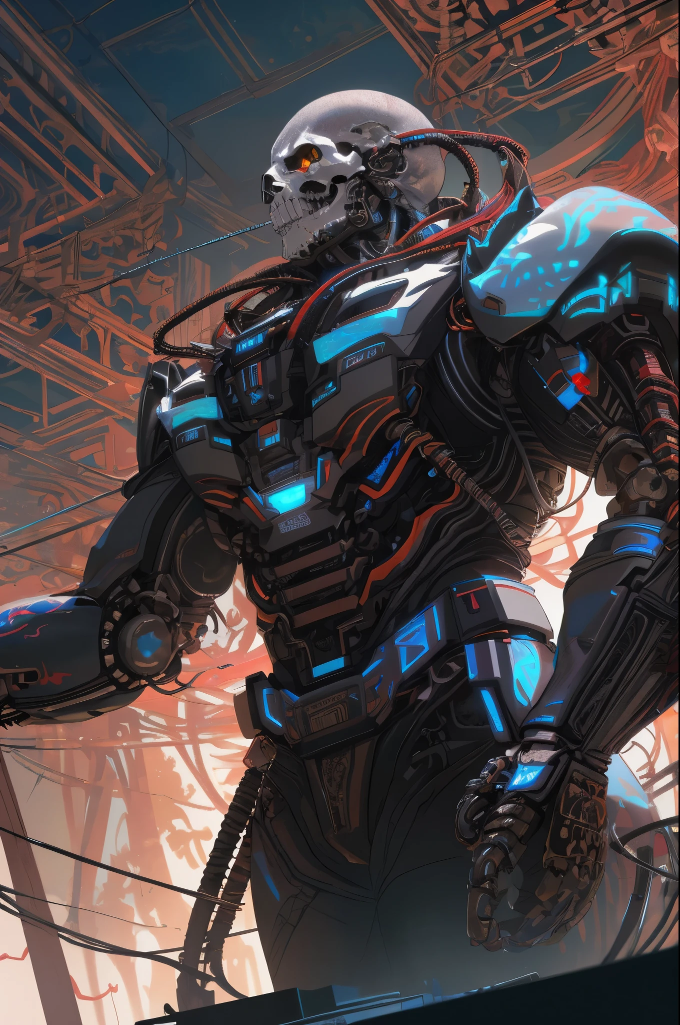 complex 3d render ultra detailed beautiful death angel, biomechanical cyborg, analog 150 mm lens, beautiful natural soft rim light, neon vein, roots, fine foliage lace, colorful details, Boris Bidjan Saberi outfit, pearl earrings, piercing, art nouveau fashion embroidered, intricate details, mesh wire, mandelbrot fractal, facial muscles, cable wires, microchip, badass, hyper realistic, ultra detailed, octane render, volumetric lighting, 8k post-production, red and white with a bit of black, detailled metalic bones, semi human, iridescent colors, Glenn Brown style, futuristic room, power of the god, high-angle shot, complex body poses