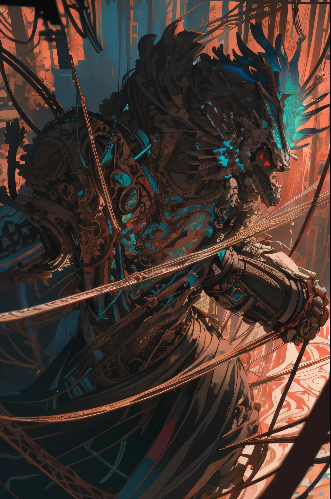complex 3d render ultra detailed beautiful death angel, biomechanical cyborg, analog 150 mm lens, beautiful natural soft rim light, neon vein, roots, fine foliage lace, colorful details, Boris Bidjan Saberi outfit, pearl earrings, piercing, art nouveau fashion embroidered, intricate details, mesh wire, mandelbrot fractal, facial muscles, cable wires, microchip, badass, hyper realistic, ultra detailed, octane render,  volumetric lighting, 8k post-production, red and white with a bit of black, detailled metalic bones, semi human, iridescent colors, Glenn Brown style, futuristic room, power of the god, high-angle shot, complex body poses