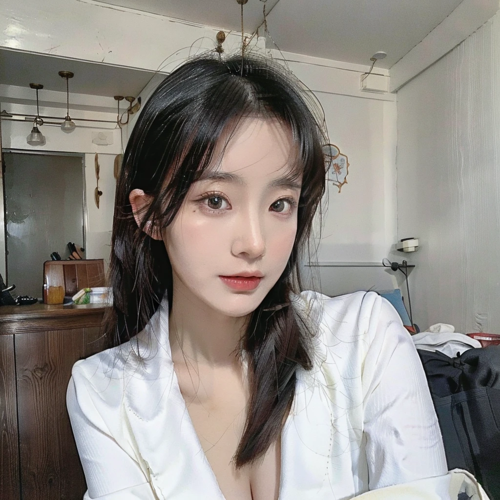 (best quality,4k,8k,highres,masterpiece:1.2),ultra-detailed,(realistic,photorealistic,photo-realistic:1.37),portrait,gentle and beautiful woman,close-up shot,exquisite and sexy clavicle,charming oval face,double eyelids,intelligent peach blossom eyes,pink lips,cute nose,bare shoulders,focused face,close-up of the face,super high-definition,super detailed,elegant standing,black British college-style double-breasted casual loose Korean version of small suit jacket, matched with a black pleated skirt suit