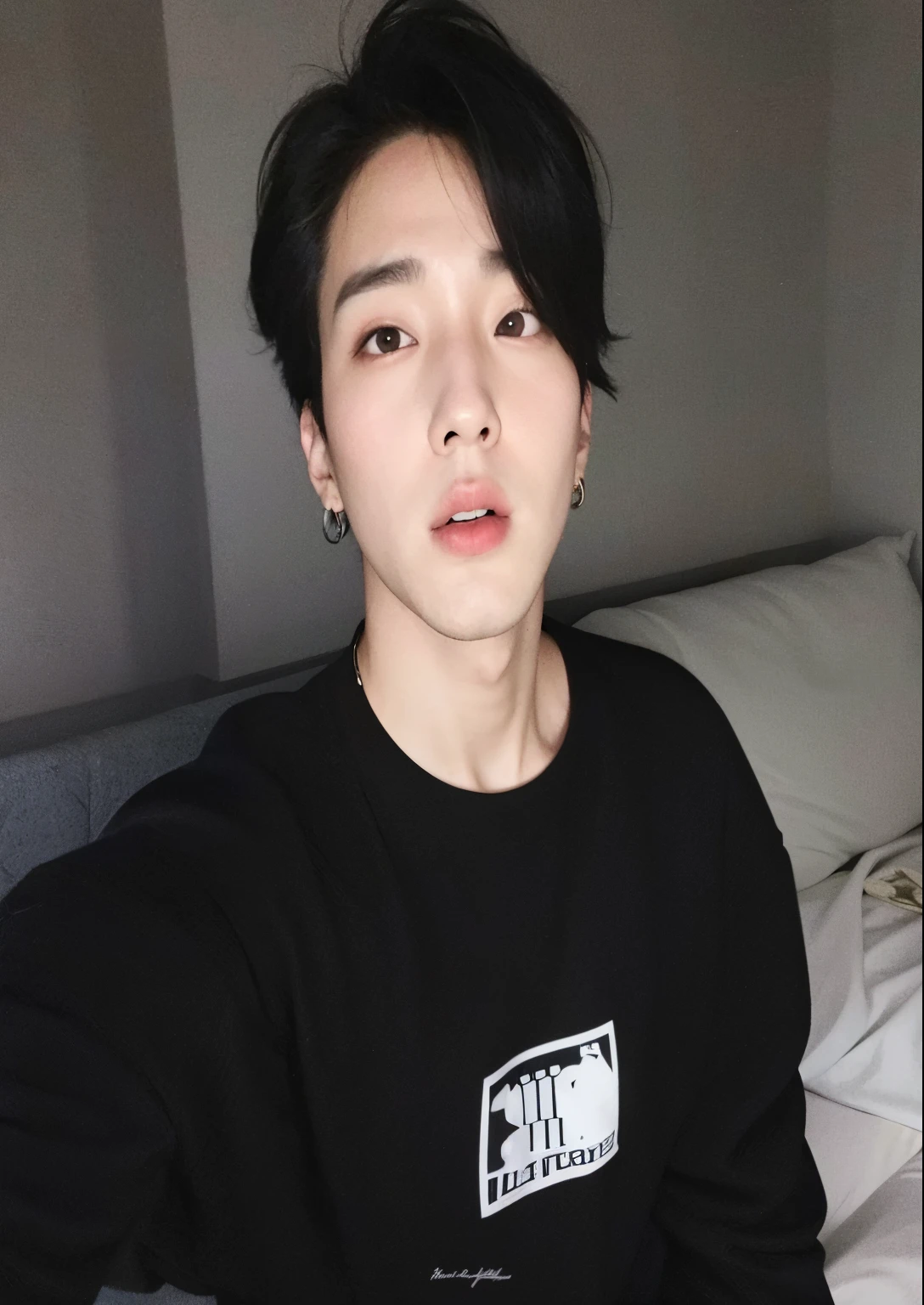 arafed man with a black shirt and piercings sitting on a bed, jungkook, cai xukun, taejune kim, with short hair, hyung tae, wan adorable korean face, headshot profile picture, jinyoung shin, โจ๐๐, halfbody headshot, kim doyoung, male ulzzang, 1 7 - year - old boy thin face