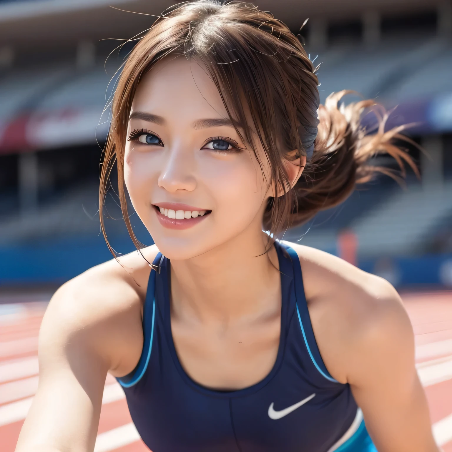 ((masterpiece)), ((highest quality)), (super detailed), (RAW shooting), (photo-realistic), ((cute)), cute, ((very detailed)), (fine eyes), (detailed facial features), (finger details), (Detailed clothing characteristics), 4K, (8K), highest quality, (beautiful), (cowboy shot:1.3), (athletics stadium), sunrise, Beautiful woman, alone, Japanese, (play sports often), (Sports Leggings), beautiful Light Brown hair, ((beautiful hair)), beautiful Blue Eyes, ((beautiful Eyes)), short pony stories, white teeth, (smile), shine with colored light, shiny