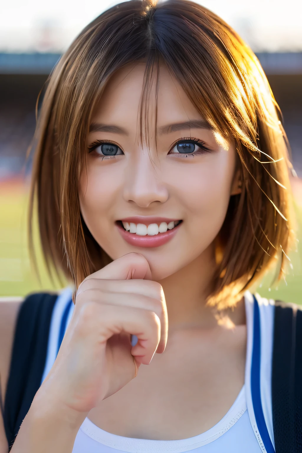 ((masterpiece)), ((highest quality)), (super detailed), (RAW shooting), (photo-realistic), ((cute)), cute, ((very detailed)), (fine eyes), (detailed facial features), (finger details), (Detailed clothing characteristics), 4K, (8K), highest quality, (beautiful), (cowboy shot:1.3), (athletics stadium), sunrise, Beautiful woman, alone, Japanese, (play sports often), (Sports Leggings), beautiful Light Brown hair, ((beautiful hair)), beautiful Blue Eyes, ((beautiful Eyes)), short pony stories, white teeth, (smile), shine with colored light, shiny