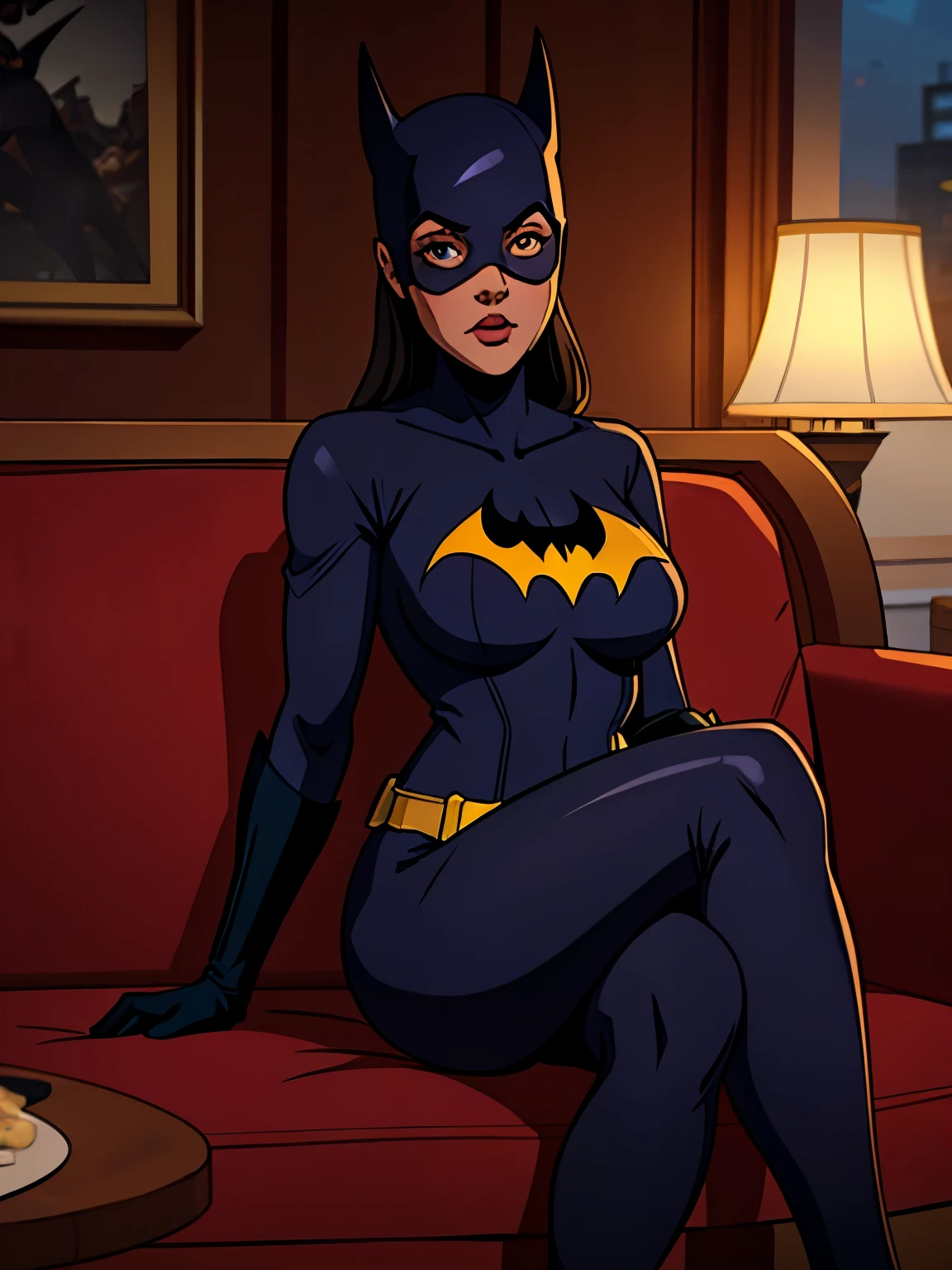 masterpiece, Best quality, Bottom view, Batgirl from the DC universe, big breasts, in a dark full body suit with a batgirl mask, wearing gloves, sitting on the sofa with crossed legs