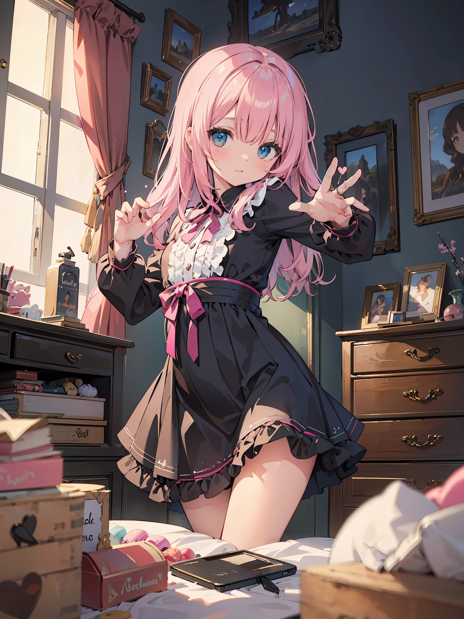 BREAK
pink kawaii room , pink gothic room, messy room, Marchen, macarons, Candy, heart item, ribbon,star item, small window, (Miscellaneous goods are placed in a mess:1.3),dresser, antimacassar ,

BREAK

(Pose that seduces a man: 1.3), (fascinating genius:1.5), (best lighting by famous artists: 1.2), 8K, ((acting instruction of captivating poses by famous masters: 1.6)), ((thighs spread to the left and right: 1.15)), 
((deep depth of field:1.5)), Particle-like fantastic light source, Background blur, Head tilted, Observing from behind Looking at someone, Looking back, Flexible torso,