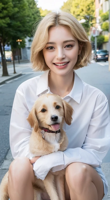 ((highest quality、8K、masterpiece:1.3))、1 girl、laughter、Full body Esbian、slim face、Beautiful woman、short bob、(blonde)、nude、highly detailed face、detailed eye、double eyelid、blurred background、slim face、city、Take-out、street、Stay with the dog:1.3、pet、Staring at the dog