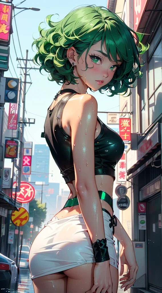 girl youtuber,(((1girl))),((extremely cute and beautiful green curly-haired girl)),
(short breasts:1.4),big butt,(((green curly hair:1.35,very curly hair,colored inner hair,ear breathing,short hair))),(((green_eyes:1.3))),intricate eyes,beautiful detailed eyes,symmetrical eyes,big eyes:1.3,((fat)),(((lustrous skin:1.5,bright skin: 1.5,skin tanned,shiny skin,very shiny skin,shiny body,plastic glitter skin,exaggerated shiny skin,illuminated skin,wet legs))),detailed body,(detailed face),
cute,slutty,seductive,erotic,(((nsfw))),
zettai ryouiki,revealing clothing,show skin,((rave mini-skirt,visible thong straps,white loose tank top with an anime art print)),((wet clothes,intricate outfit,intricate clothes)),
(dynamic pose:1.0),embarrassed,(centered,scale to fit dimensions,Rule of thirds),
cyberpunk city by the ocean at night, with bright neon signs and dark stormy clouds and puddles, scenery:1.25,
artistic photography,(photography taken by sldr),highres, sharp focus, (ultra detailed, extremely detailed), (photorealistic artwork:1.37),(extremely detailed CG unity 8k wallpaper),((synthwave background theme)),(((vibrant colors))),(intricate background),(masterpiece),(best quality),