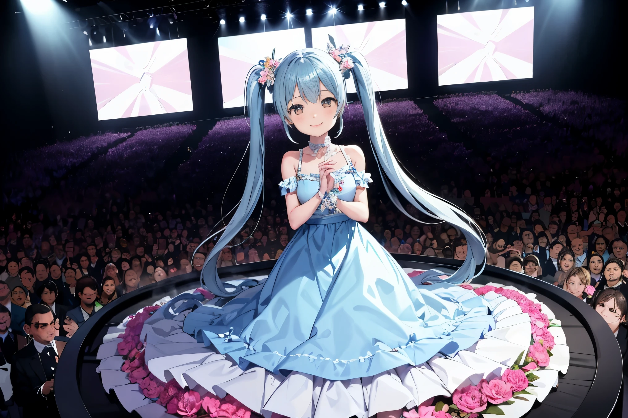 Packed crowd Playing the piano on a stage decorated with flowers light blue long hair twin tails adorable smile Glamorous long dress