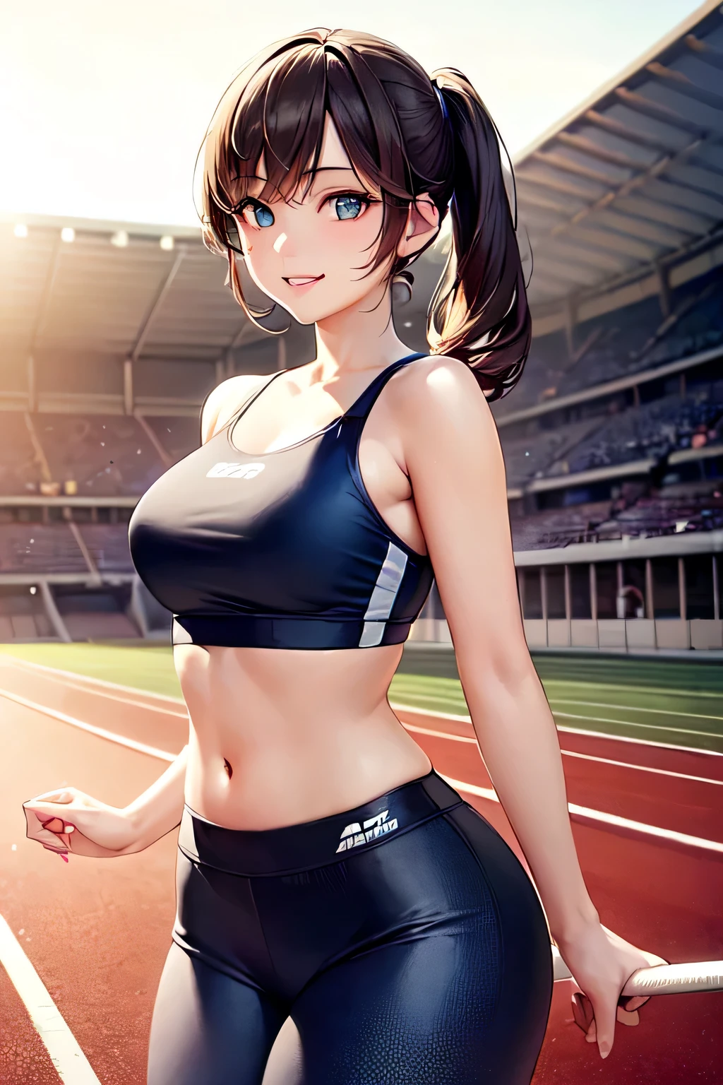 ((masterpiece)), ((highest quality)), (super detailed), (RAW shooting), (photo-realistic), ((cute)), cute, ((very detailed)), (fine eyes), (detailed facial features), (finger details), (Detailed clothing characteristics), 4K, (8K), highest quality, (beautiful), (cowboy shot:1.3), (athletics stadium), sunrise, Beautiful woman, alone, Japanese, (play sports often), (Sports Leggings), beautiful Light Brown hair, ((beautiful hair)), beautiful Blue Eyes, ((beautiful Eyes)), short pony stories, white teeth, (smile), shine with colored light, shiny