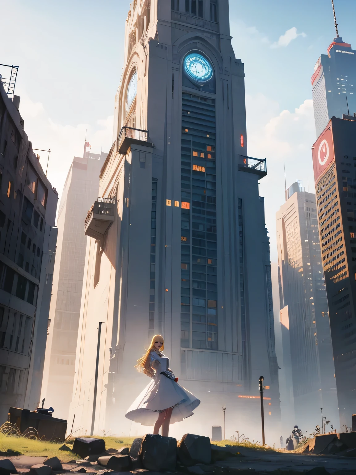 alta qualidade, premiado, high resolution, 8k, 28 year old queen blonde woman wearing advanced technological white dress, flor do fundo, cidade de fantasia cyberpunk, Rosto misterioso, desenhe apenas uma torre no fundo, the woman is in a heroic pose