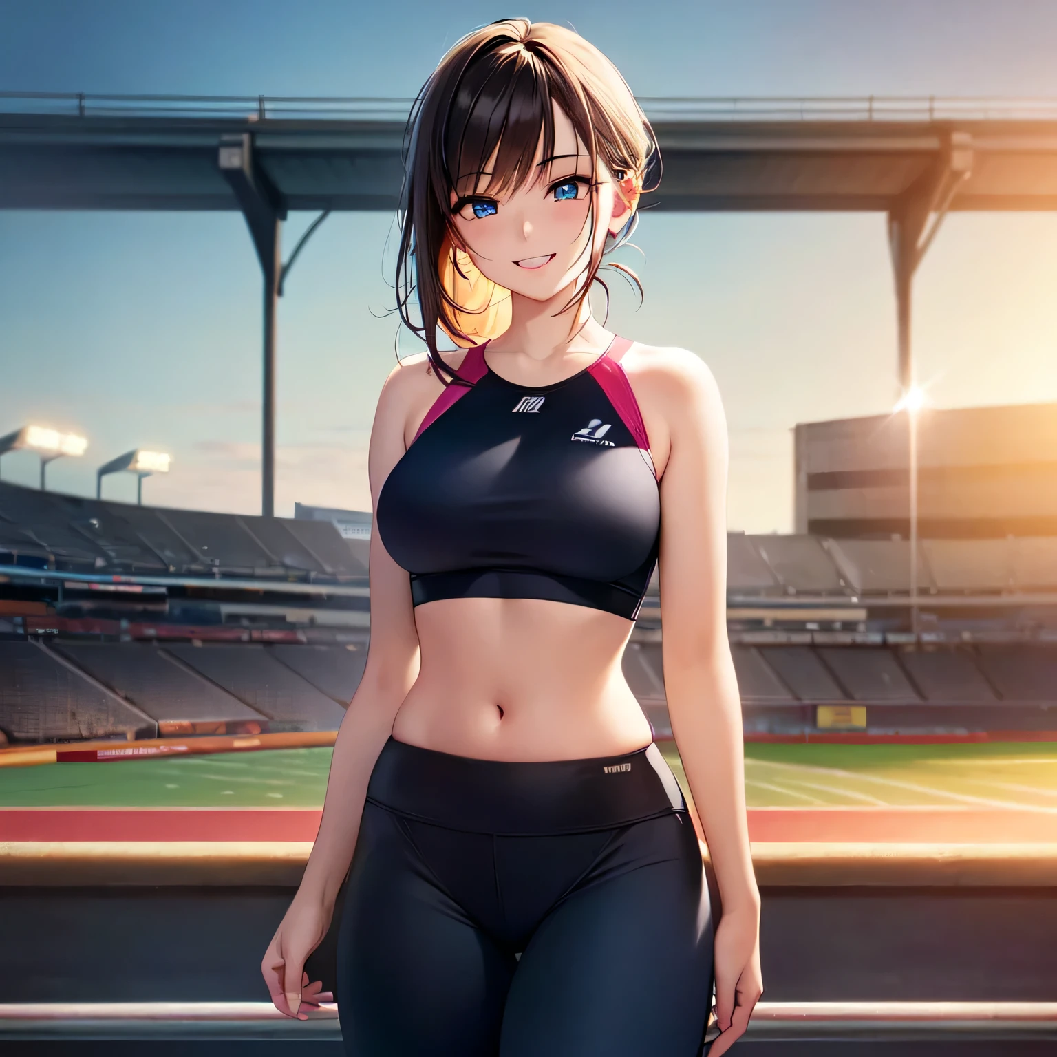 ((masterpiece)), ((highest quality)), (super detailed), (RAW shooting), (photo-realistic), ((cute)), cute, ((very detailed)), (fine eyes), (detailed facial features), (finger details), (Detailed clothing characteristics), 4K, (8K), highest quality, (beautiful), (cowboy shot:1.3), (athletics stadium), sunrise, Beautiful woman, alone, Japanese, (play sports often), (Sports Leggings), beautiful Light Brown hair, ((beautiful hair)), beautiful Blue Eyes, ((beautiful Eyes)), short pony stories, white teeth, (smile), shine with colored light, shiny