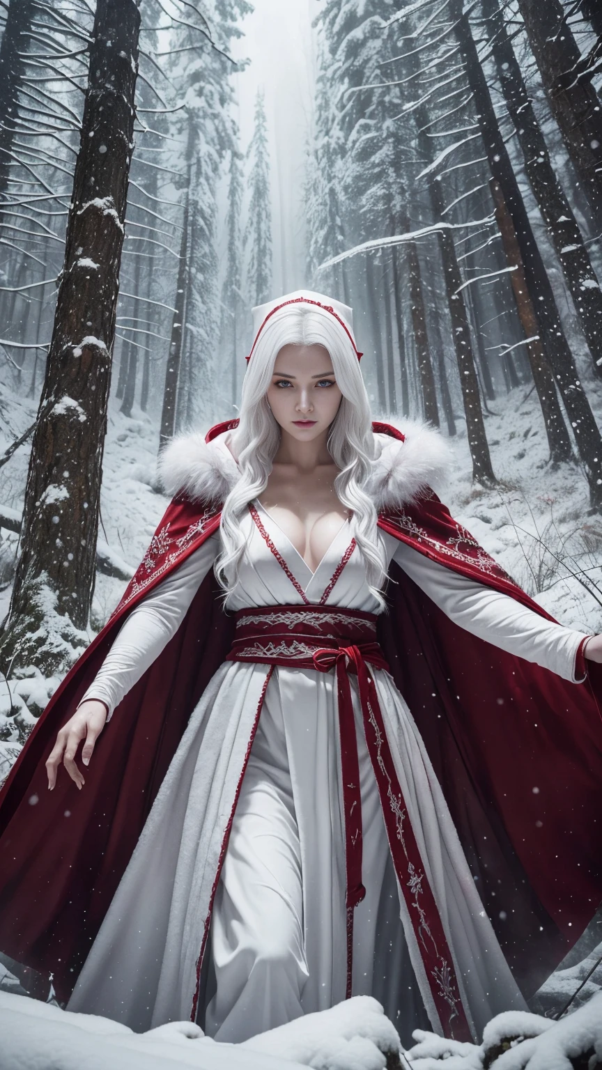 (A Gorgeous 30-Year-Old Female Blood Witch), (White Hair and Spirit-Seeing Red Eyes), (Aged and Blood-Marked Skin), (Red and White Hooded Witch Robe with Fur Cloak), (Mystical Snowy Forest), (Dynamic Pose:1.6), Centered, (Waist-up Shot:1.4), From Front Shot, Insane Details, Intricate Face Detail, Intricate Hand Details, Cinematic Shot and Lighting, Realistic and Vibrant Colors, Masterpiece, Sharp Focus, Ultra Detailed, Incredibly Realistic Environment and Scene, Master Composition