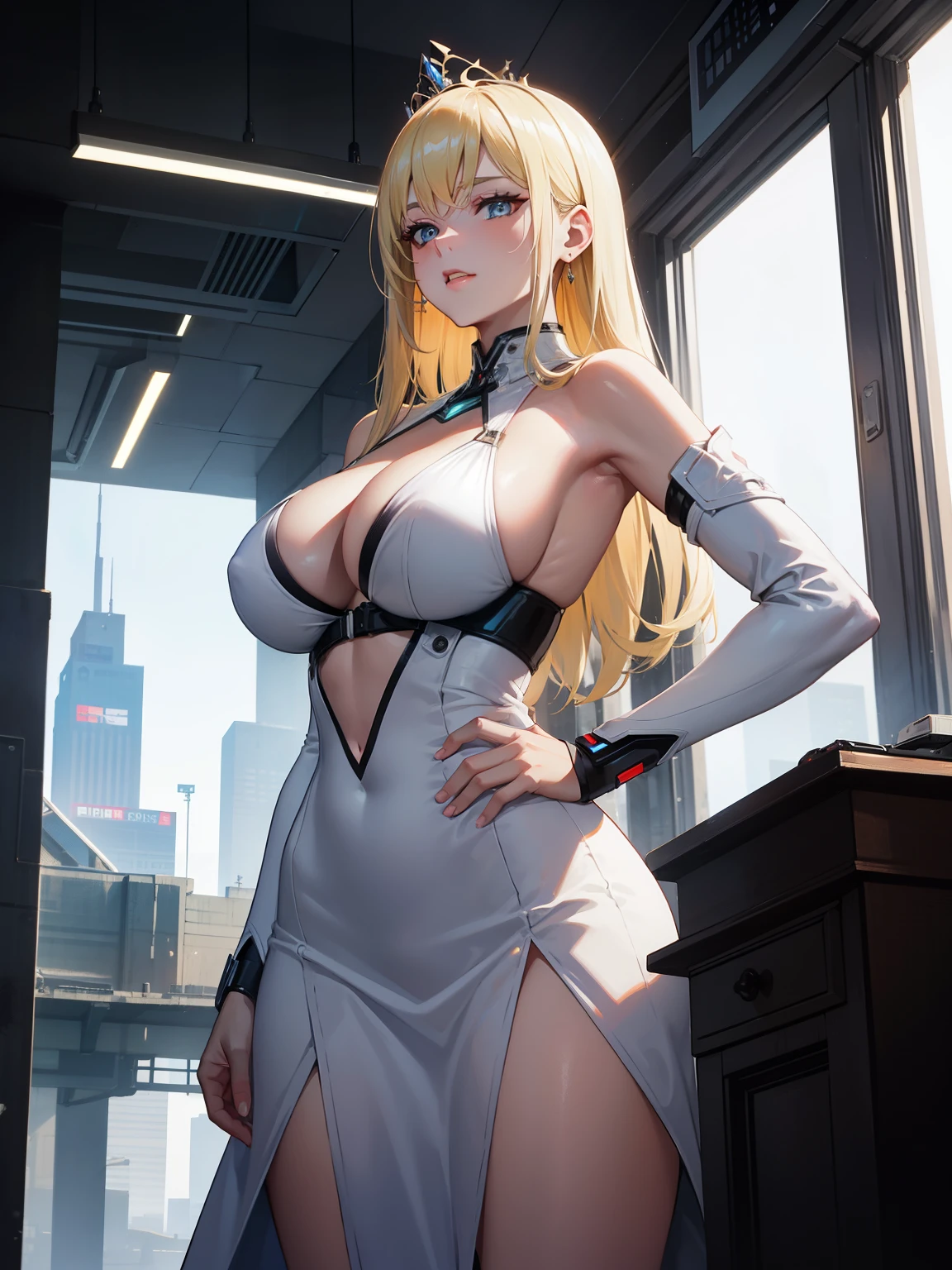 alta qualidade, premiado, alta resolução, 8k, 28 age queen blonde woman with advanced  technological white dress, ower from background, cyberpunk fantasy city, mistery face, desenhe apenas uma torre no fundo, a mulher está em pose heroica