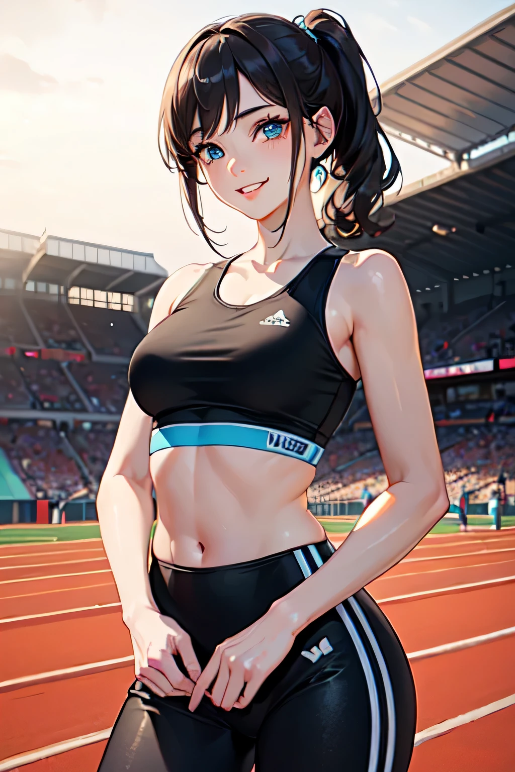 ((masterpiece)), ((highest quality)), (super detailed), (RAW shooting), (photo-realistic), ((cute)), cute, ((very detailed)), (fine eyes), (detailed facial features), (finger details), (Detailed clothing characteristics), 4K, (8K), highest quality, (beautiful), (cowboy shot:1.3), (athletics stadium), sunrise, Beautiful woman, alone, Japanese, (play sports often), (Sports Leggings), beautiful Light Brown hair, ((beautiful hair)), beautiful Blue Eyes, ((beautiful Eyes)), short pony stories, white teeth, (smile), shine with colored light, shiny