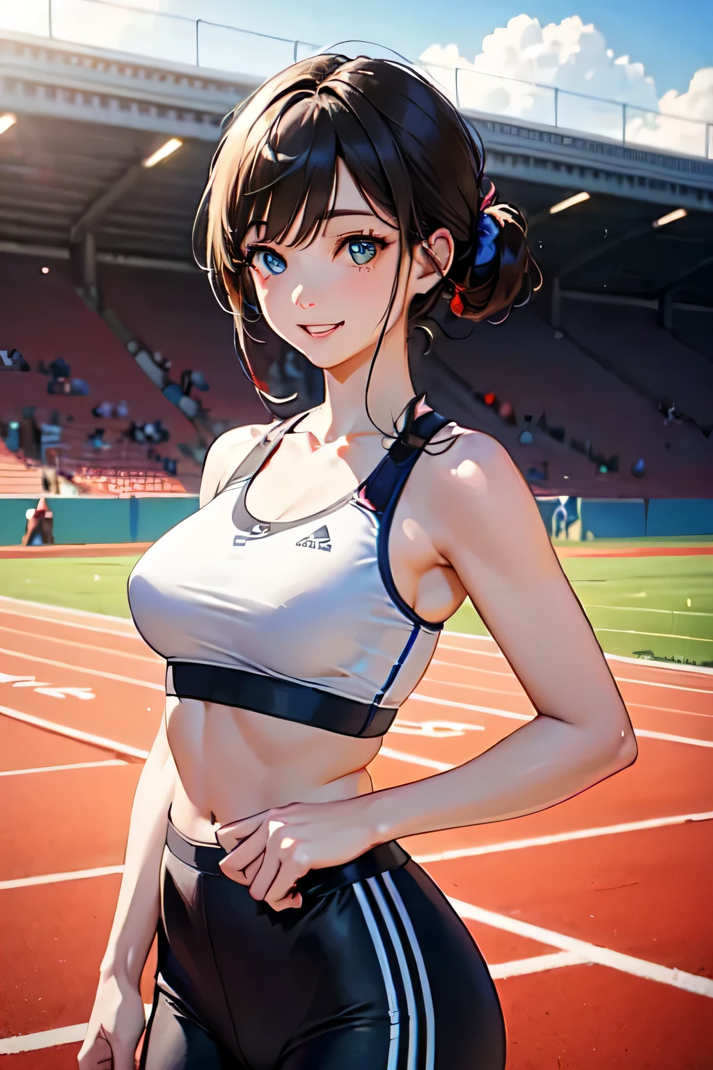 ((masterpiece)), ((highest quality)), (super detailed), (RAW shooting), (photo-realistic), ((cute)), cute, ((very detailed)), (fine eyes), (detailed facial features), (finger details), (Detailed clothing characteristics), 4K, (8K), highest quality, (beautiful), (cowboy shot:1.3), (athletics stadium), sunrise, Beautiful woman, alone, Japanese, (play sports often), (Sports Leggings), beautiful Light Brown hair, ((beautiful hair)), beautiful Blue Eyes, ((beautiful Eyes)), short pony stories, white teeth, (smile), shine with colored light, shiny