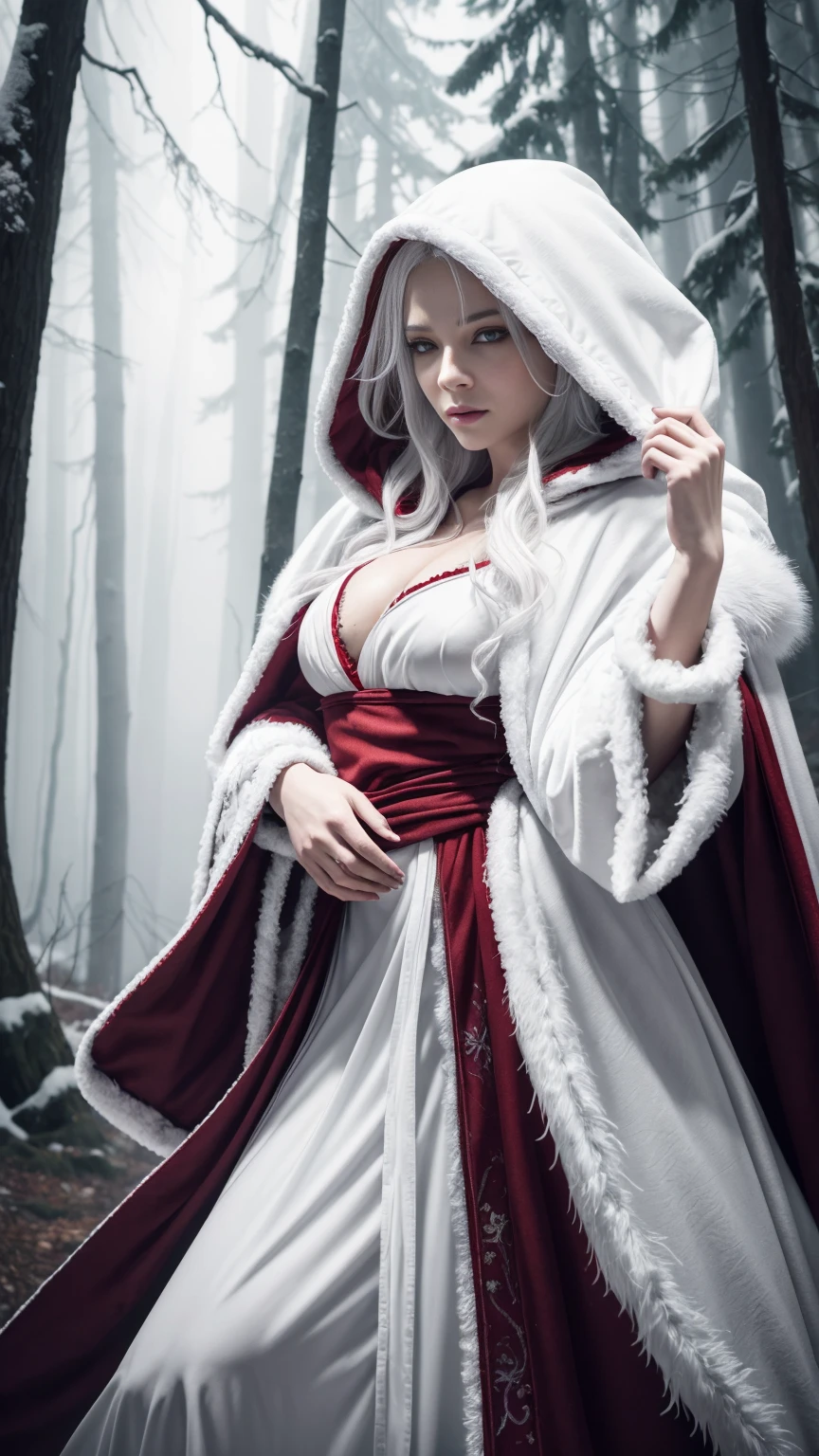 (A Gorgeous 30-Year-Old Female Blood Witch), (White Hair and Spirit-Seeing Red Eyes), (Aged and Blood-Marked Skin), (Red and White Hooded Witch Robe with Fur Cloak), (Mystical Snowy Forest), (Dynamic Pose:1.6), Centered, (Waist-up Shot:1.4), From Front Shot, Insane Details, Intricate Face Detail, Intricate Hand Details, Cinematic Shot and Lighting, Realistic and Vibrant Colors, Masterpiece, Sharp Focus, Ultra Detailed, Incredibly Realistic Environment and Scene, Master Composition