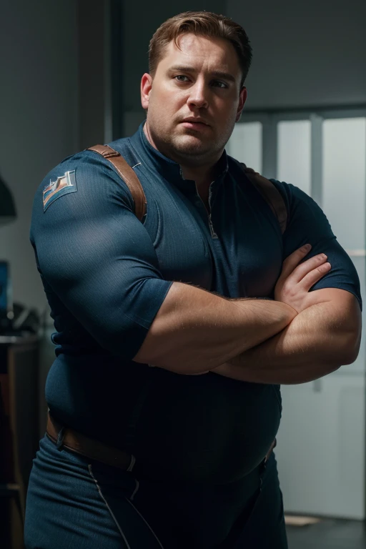 (best quality,4k,8k,highres,masterpiece:1.2),ultra-detailed,(realistic,photorealistic,photo-realistic:1.37),Obese Captain America,heroic pose,eating chocolate bar,vibrant colors,studio lighting