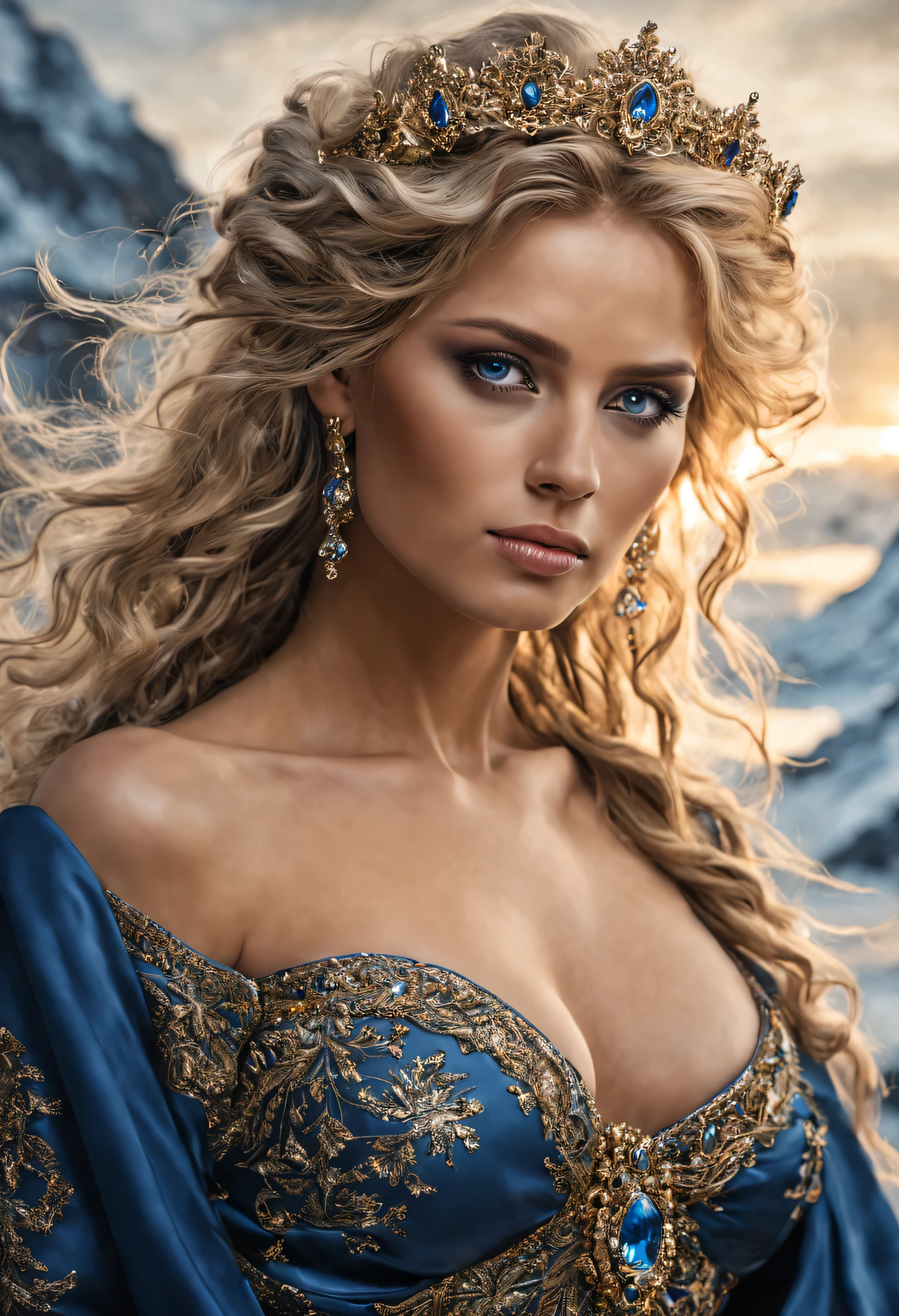 A charismatic nordic woman, her presence dominates the still. This remarkable female is depicted in a beautifully intricate painting, meticulously capturing every detail of its attractive form. With resplendent hair cascading down its muscular, endowed body, the seducer exudes an air of grandeur and power. Its piercing sultry sapphire eyes shine with an otherworldly brilliance, captivating the viewer's gaze. Its elegant curvy body is barely covered. The image is executed with exceptional skill and precision, conveying the artist's mastery in capturing the essence of this mythical temptress.