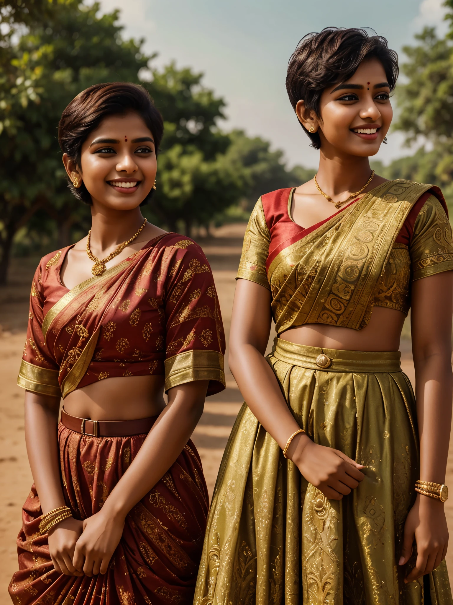 Two extremely beautiful Tamil girls, 20 year old, bold sassy poses for magazine, (very very short hair military hair cut), outdoors, western dresses, laughing, HDR, hyper realistic, intricate detailing