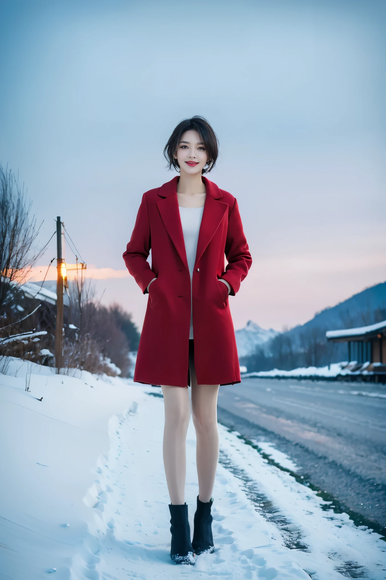 best quality, 4K, 8k, Detailed faces, clear face, full-body shot,beautiful girl, Korean makeup, red lips, smilingly, Perfect body,shoulder-length short hair,small,Leg length,Slim,thin, girl wearing long and wide coat, Under the jacket is the top tube and tying, lower abdomen, snow scene, Winters, street,