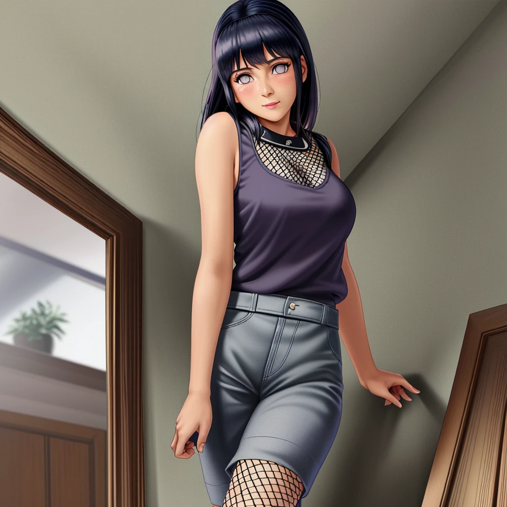 Masterpiece, High definition, high quality, detailed face, detailed body rendering, 1girl, solo, Hinata Hinata, Hinata sleeveless clothing,room,, sleeveless shirt,( fishnet garment), dark lips, unzipper jacket, no bra, breasts out, standing, blush, (in bedroom)
