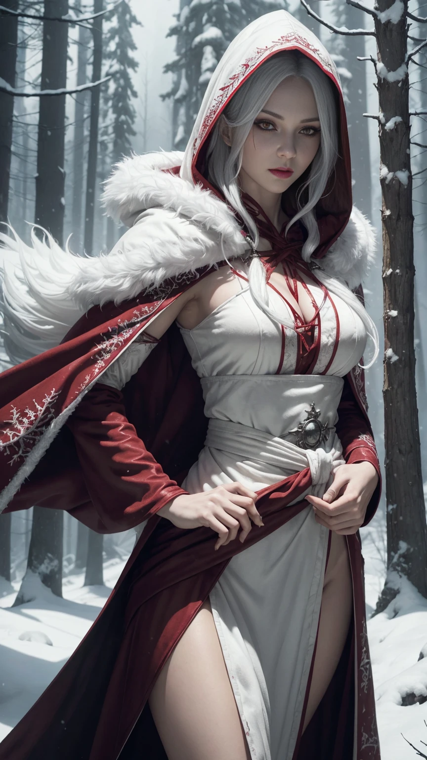 (A Gorgeous 30-Year-Old Female Blood Witch), (White Hair and Spirit-Seeing Red Eyes), (Aged and Blood-Marked Skin), (Red and White Hooded Witch Robe with Fur Cloak), (Mystical Snowy Forest), (Dynamic Pose:1.6), Centered, (Waist-up Shot:1.4), From Front Shot, Insane Details, Intricate Face Detail, Intricate Hand Details, Cinematic Shot and Lighting, Realistic and Vibrant Colors, Masterpiece, Sharp Focus, Ultra Detailed, Incredibly Realistic Environment and Scene, Master Composition