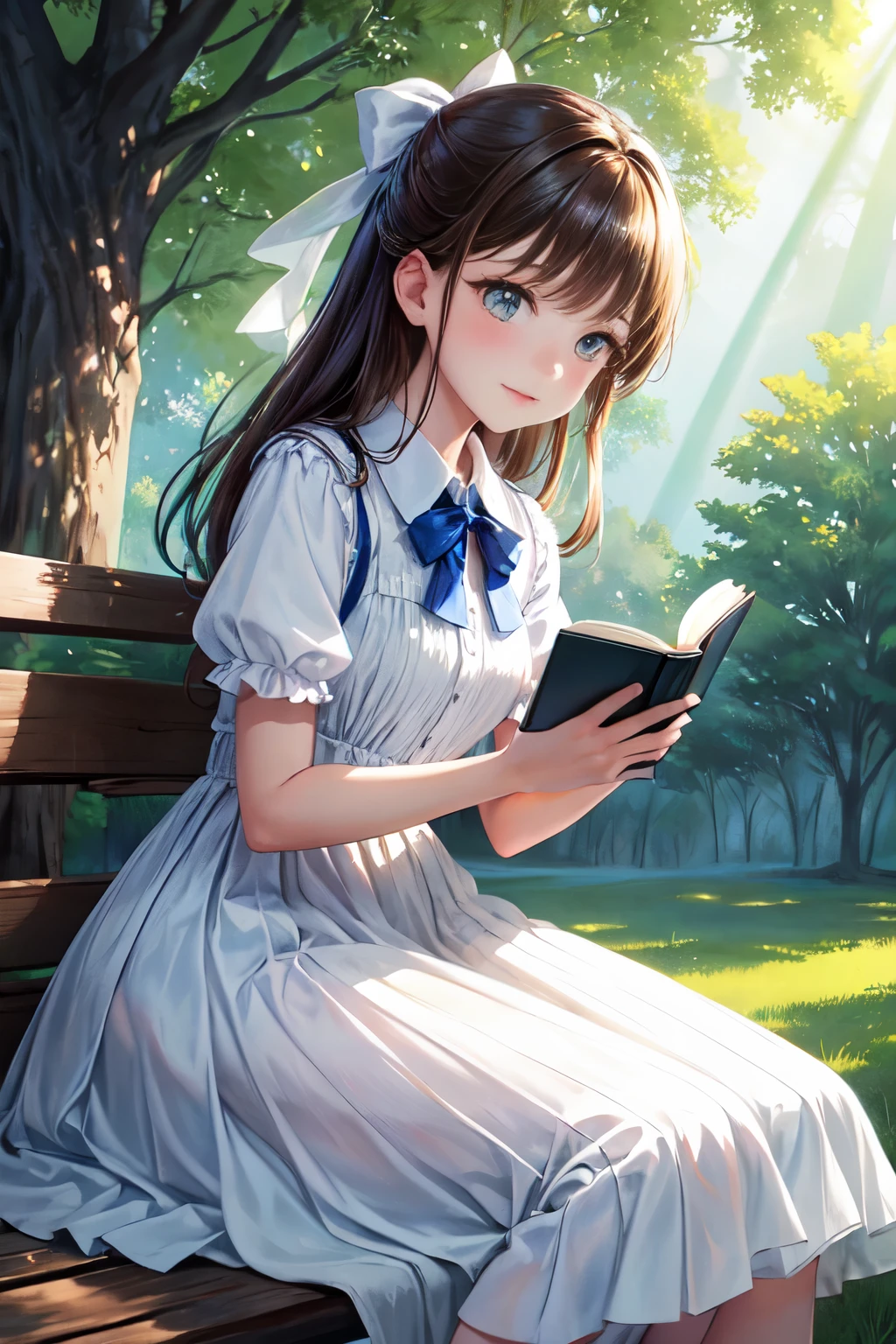 A girl in a white dress with a blue bow sits on a bench in a park, holding a book. She has long brown hair and green eyes. The photo is taken from a low angle, capturing the blue sky and some trees. The light creates a lens flare on the corner of the photo. The picture is overexposed, making the white dress and the book look washed out. The focus is soft, giving the photo an ethereal quality. The edges of the photo are darkened, creating a vignette effect. The photo has a low quality, with grainy textures and faded colors.