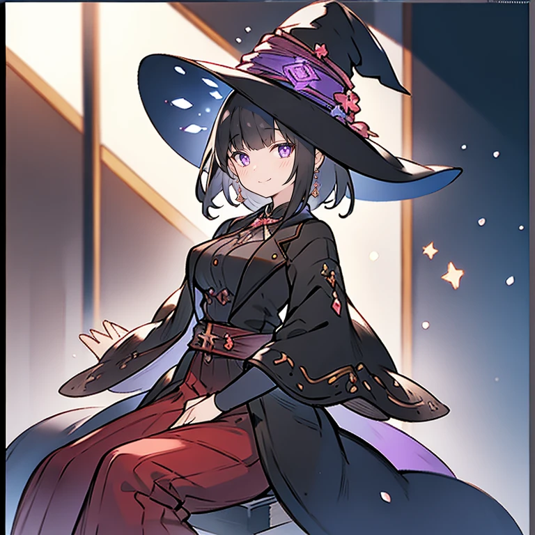 beautiful witch female, with short black hair, purple eyes, big bust, Dressed witch's clothes, Sitting in a tavern and smiling, realistic, Full HD, highest quality