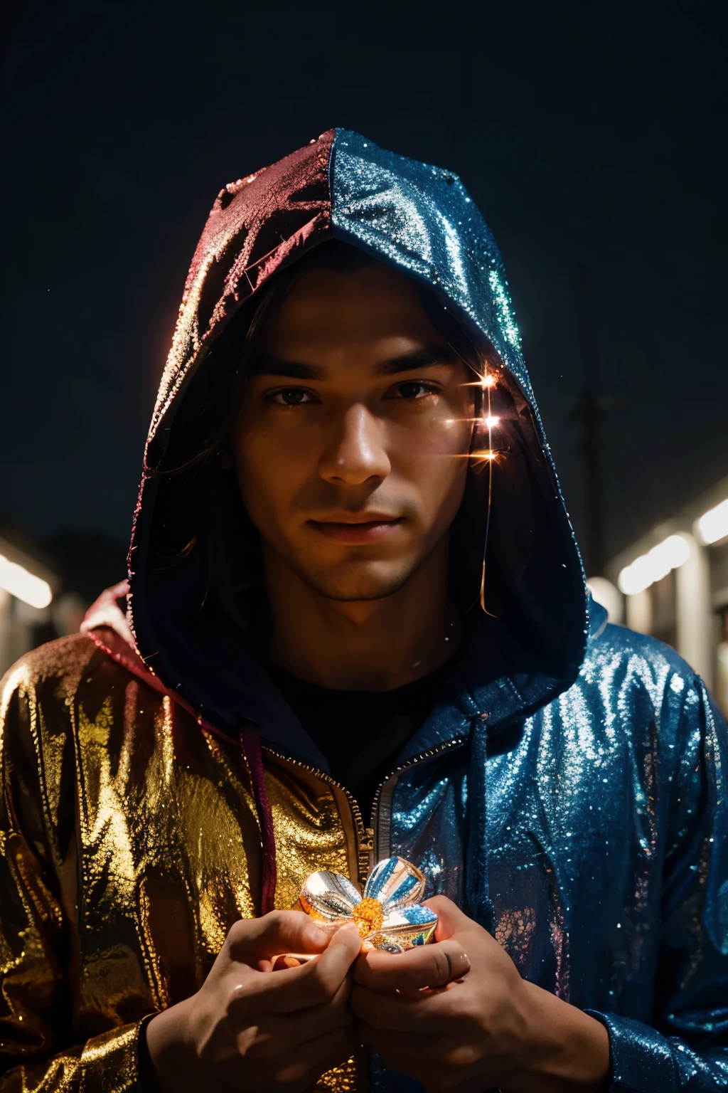 create a colorful man with a hood over his head holding something shiny with lights in his hands