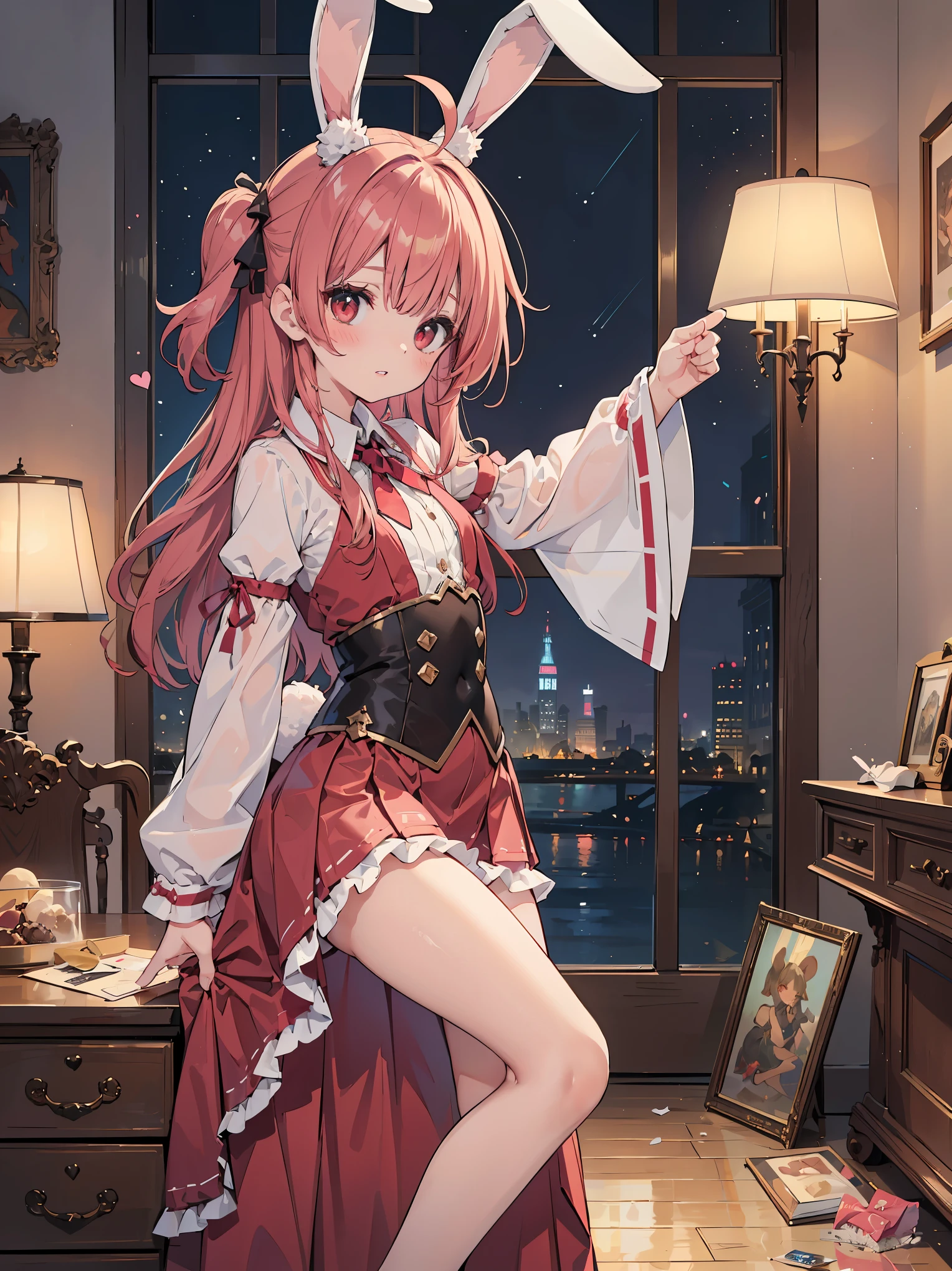 highest quality, masterpiece, 1 girl, solo, very long hair, Detach sleeve, red eyes, red hair, 赤いribbon, red skirt, red dress, red tie, Bunny ears, blush, dull bangs, parted lips, ahoge, look at viewer, simple background, more_details:1.5 break ピンクの可愛い部屋、pink gothic room、messy room、Marchen、macaroons、candy、heart item、ribbon、Star Items、small window、(Miscellaneous goods are scattered:1.3)、dressers、Antima Cassar、 break (Pose to seduce a man:1.3)、(fascinating genius:1.5)、(Best lighting by famous artists:1.2)、8K、((Guidance on how to perform captivating poses by famous masters:1.6))、((Spread your thighs from side to side:1.15))、 ((Depth of bounds written:1.5))、A fantastic light source that looks like particles、background blur、tilt your head、observe from behind、see someone、look back、supple torso、