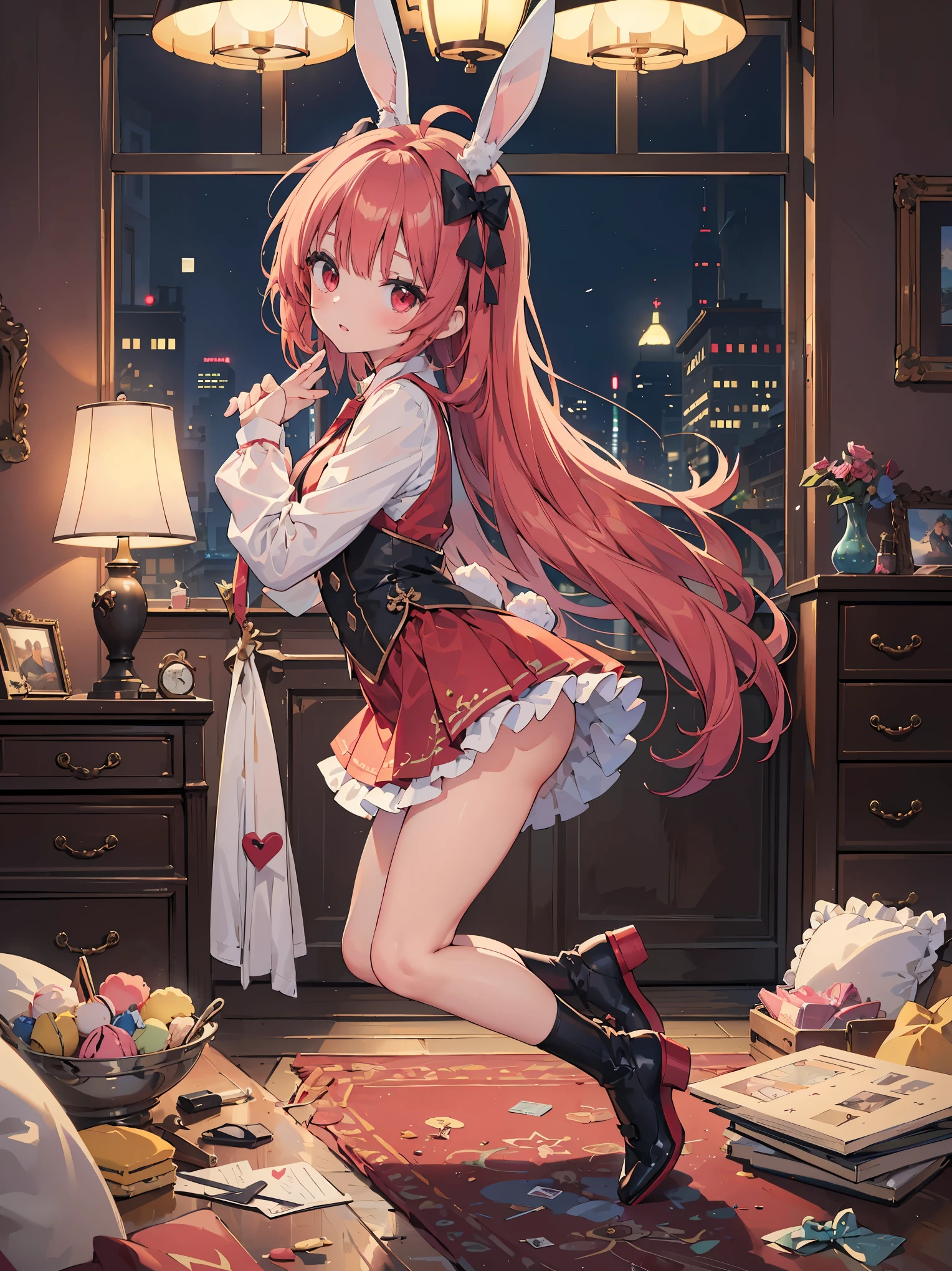highest quality, masterpiece, 1 girl, solo, very long hair, Detach sleeve, red eyes, red hair, 赤いribbon, red skirt, red dress, red tie, Bunny ears, blush, dull bangs, parted lips, ahoge, look at viewer, simple background, more_details:1.5 break ピンクの可愛い部屋、pink gothic room、messy room、Marchen、macaroons、candy、heart item、ribbon、Star Items、small window、(Miscellaneous goods are scattered:1.3)、dressers、Antima Cassar、 break (Pose to seduce a man:1.3)、(fascinating genius:1.5)、(Best lighting by famous artists:1.2)、8K、((Guidance on how to perform captivating poses by famous masters:1.6))、((Spread your thighs from side to side:1.15))、 ((Depth of bounds written:1.5))、A fantastic light source that looks like particles、background blur、tilt your head、observe from behind、see someone、look back、supple torso、