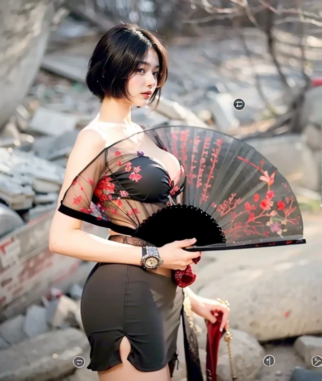 ulzzang-6500-v1.1, (Raw foto:1.2), (Photorealistic:1.4), Beautiful detailed girl, very detailed eyes and face, Beautiful detailed eyes, Ridiculous, Unbelievably ridiculous., huge file size, A highly detailed, high resolucion, Very detailed, Best Quality, Masterpiece, Chemomimi, (((JK )), Illustration, Very detailed, BAPV, integrated, 8K wallpaper, amazing, Fine details, Masterpiece, Best Quality, Highly detailed YTD uniform 8k wallpaper, light on the face, Cinematic lighting, 1Girl, , ((No bra)), ()), ((Dynamic Pose)), (camel toes), (half), holding a fan