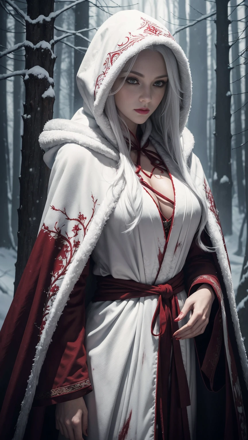 (A Gorgeous 30-Year-Old Female Blood Witch), (White Hair and Spirit-Seeing Red Eyes), (Aged and Blood-Marked Skin), (Red and White Hooded Witch Robe with Fur Cloak), (Mystical Snowy Forest), (Dynamic Pose:1.6), Centered, (Waist-up Shot:1.4), From Front Shot, Insane Details, Intricate Face Detail, Intricate Hand Details, Cinematic Shot and Lighting, Realistic and Vibrant Colors, Masterpiece, Sharp Focus, Ultra Detailed, Incredibly Realistic Environment and Scene, Master Composition