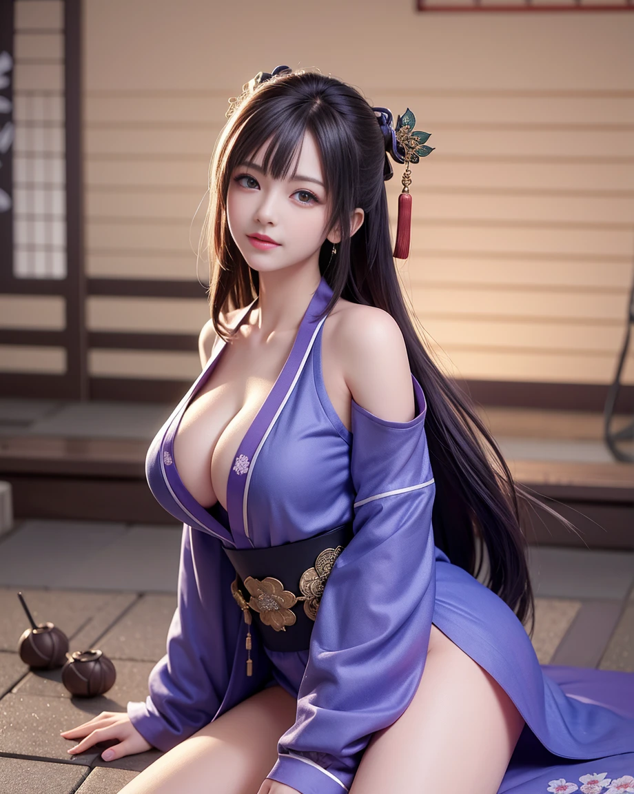 (T Masterpiece, need,1 huge breasts, alone, intricate details, look up at the viewpoint, color difference), real photos,(frontage), (Shoulder cut), chopped, Close-up, smile, Sexy Enhancement,Yaemiko, Violet blue hair, purple blue decoration, purple eyes, sharp gaze, Perfectly symmetrical figure, Neon Shirt, Reveal jacket, sweater, leaning back to wall, Brick Wall, graffiti, dim light, alley, looking at the viewer.((striped, Her breasts are very big and attractive)),(((cherry blossom background) )),((((Japanese Temple Background)))), (((Glows on a dark background)))
