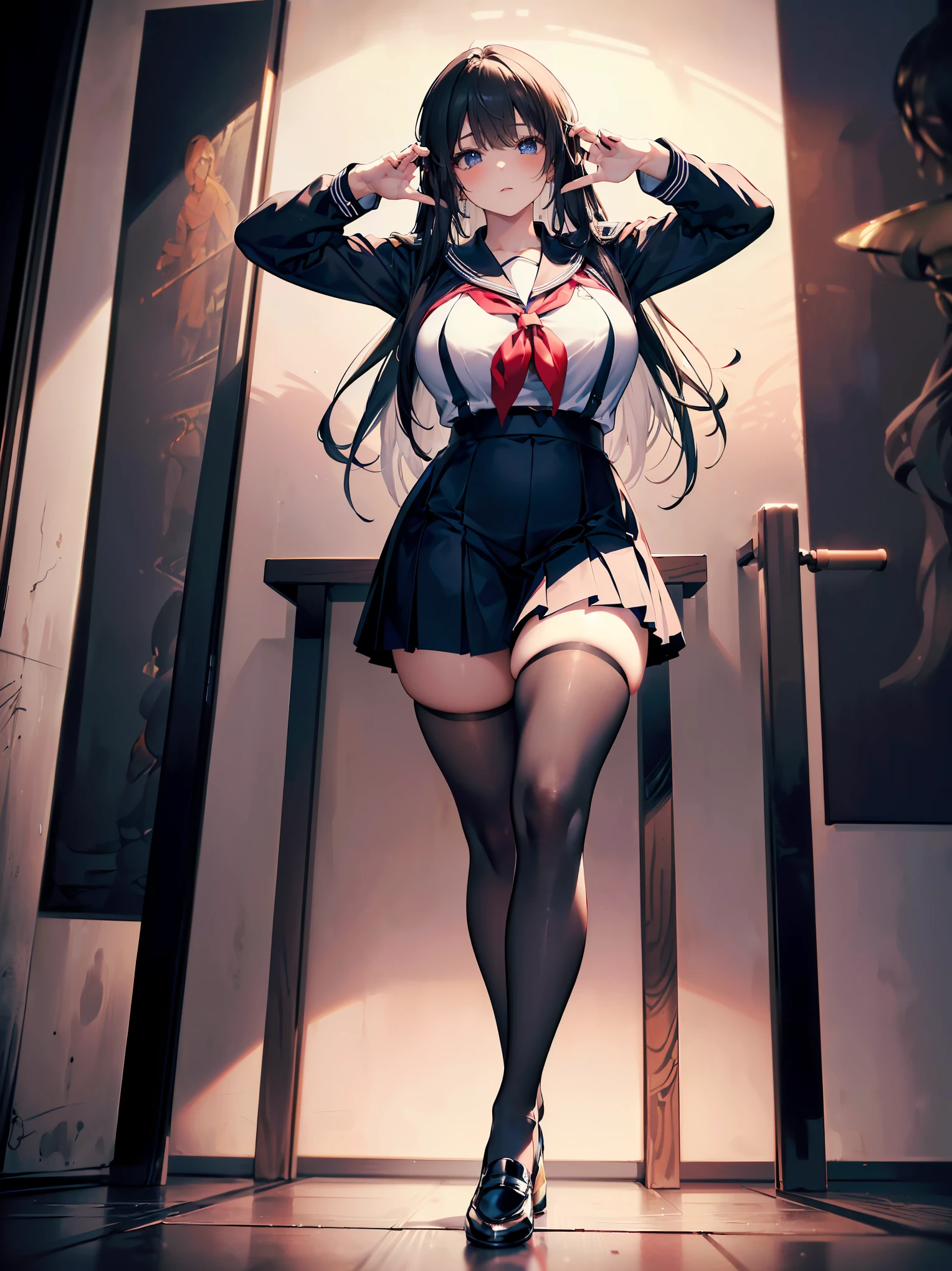 (Absurdity: 1.4), (Superb quality work by the Creator God: 1.4), (Absolute resolution: 1.4), (Highest masterpiece by the God of Arts and Sciences: 1.4), (Complex, meticulously detailed and realistic materials and textures and light sources: 1.3), (Perfect anatomy: 1.2), (Overwhelmingly ridiculous absurdity in the creation of the universe , Create a colored illustration of a late teenage female with long chestnut hair, wearing a black sailor uniform—commonly worn by female students in Japan—with stockings and black leather shoes. The character should have a mature appearance with a taller, more proportional figure that reflects
her age. The character should also have a curvy, full-figured body type. The full body should be visible in the image, portrayed in a more realistic and age-appropriate manner. 1girl.{knee high stockings}, (Pose that seduces a man: 1.3), (fascinating genius:1.5), 8K, ((acting instruction of captivating poses by famous masters: 1.6)), 