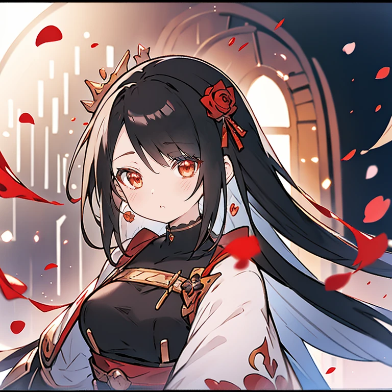 Anime girl with long black hair and white dress with red roses, Gweiz, Gweiz on pixiv artstation, detailed digital anime art, beautiful anime girl, Gweiz on artstation pixiv, anime style 4k, everyone, beautiful anime portrait, Detailed portrait of anime girl, beautiful anime woman, detailed anime art