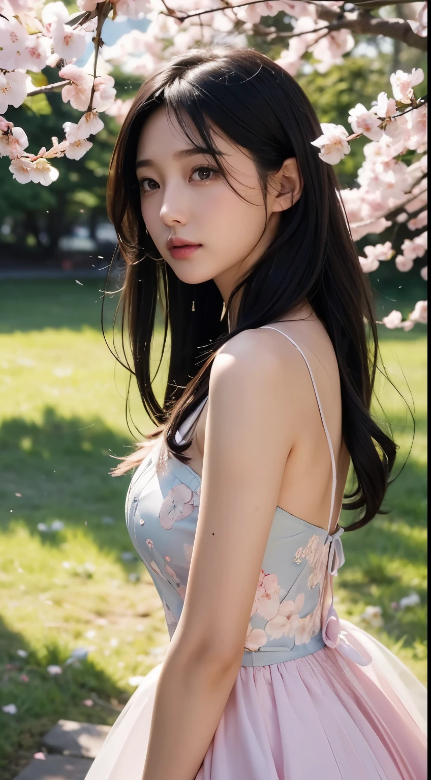 (logo、masterpiece、8K、table top、RAW photo、wonderful、最high quality、フォトリアリスティックでvery detailedな CG 統合 8k 壁紙、high quality、very detailed、narrative poem、particle effects、dynamic effect、Depth of bounds written、cinematic light、Lens flare、ray tracing)、fantasy、 (1 beautiful woman、dress、dress、Cherry blossom pattern、black haired、beautiful face、real face、beautiful details eyes beautiful skin)、髪がWindで踊る、Hair flutters in Wind、hair jump、pink cherry tree、petals dance、SakuraFubuki、wonderful景色、sunrise、sun on background、Wind、