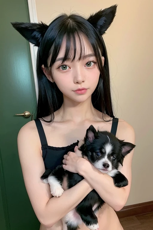 1 girl, nude,medium black hair, green eyes, dog ears, dog ears, Holding a puppy,
