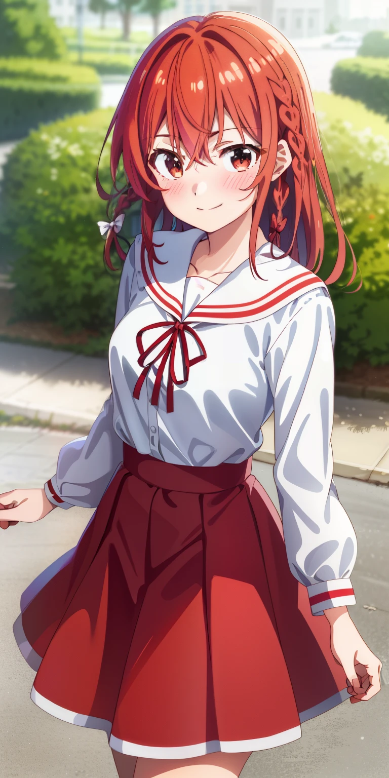 2d, masterpiece, best quality, anime, highly detailed, 1girl, solo, cowboy shot, sumi, single braid, side braid, hair bow, white bow, white shirt, long sleeves, sailor collar, red ribbon, red skirt, pleated skirt, embarrassed, blush, smile, outdoors