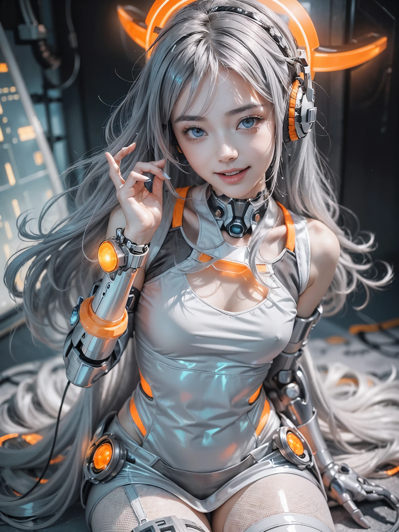 (anime:1.2), (fashion portrait:1.2), (ultra detailed, beautiful, masterpiece, best quality:1.2), _ BREAK (1girl:1.2), 22 years old, 160 cm, Japanese cute model, Tightened all body, medium Breasts, small head, small face, diamond Face, small nose, Sharp Faceline, Detailed face, Detailed eyes, young hands and fingers, beautiful hands and fingers, five fingers, _ BREAK (happy, smile, Glossy Lips:1.3), (Light color lips, Half open mouth, beautiful Teeth:1.2), (dropy eyes, Double eyelid, light color eyes, Shiny eyes:1.5), Shiny skin, _ BREAK (arranged hairstyle:1.4), (gray hair:1.4), shiny hair, _ BREAK (gray and White simple blurry background:1.4), (mist, fog:1.6), _ BREAK (cowboy shot:1.2), (sitting, sexy model pose:1.2), BREAK (Cyberpunk theme:1.3), ((White sleeveless futuristic cyber dress) with bold orange circuit-pattern accents, exaggerated flared sleeves, and skirt, (Holding a sleek microphone attached to a cybernetic stand:1.5),  intensely glowing orange orb) , (Striking orange and white ankle boots with sleek futuristic design:1.4), (Bold silver accessories adorned with dazzling orange gemstones, including a statement necklace and bracelet:1.5), BREAK
((Elaborate orange holographic visor) adding a powerful futuristic touch to the ensemble:1.4), (Passionately singing with a captivating expression, wearing cybernetic headphones with orange LED accents:1.4), (Immersive white background transformed into a vivid cyber future cityscape, featuring intense orange hues and neon-lit skyscrapers:1.5)