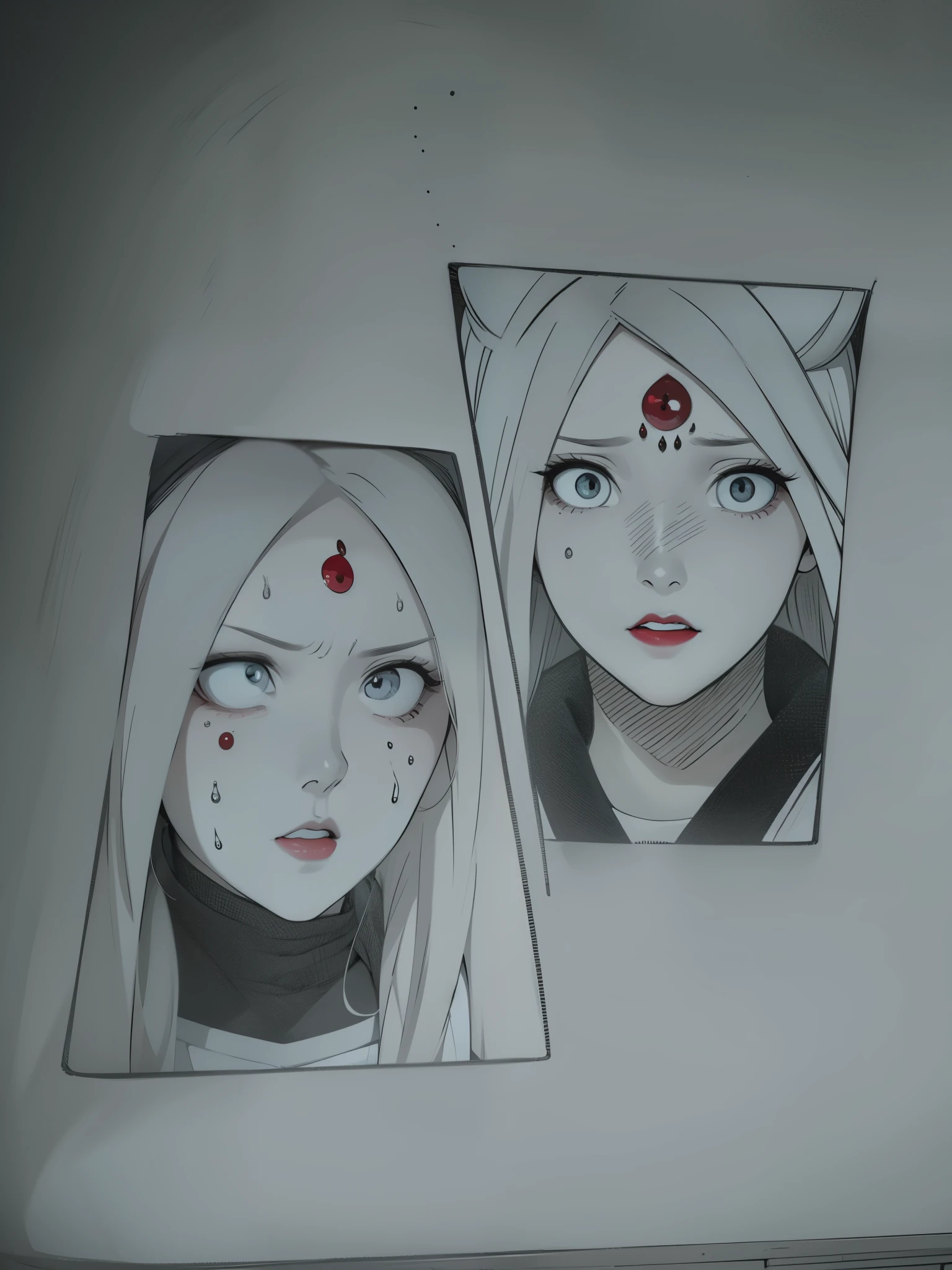 Cool, Startled, white eyes, Shocked expression, woman, glaring, red lips, Eyes on the forehead